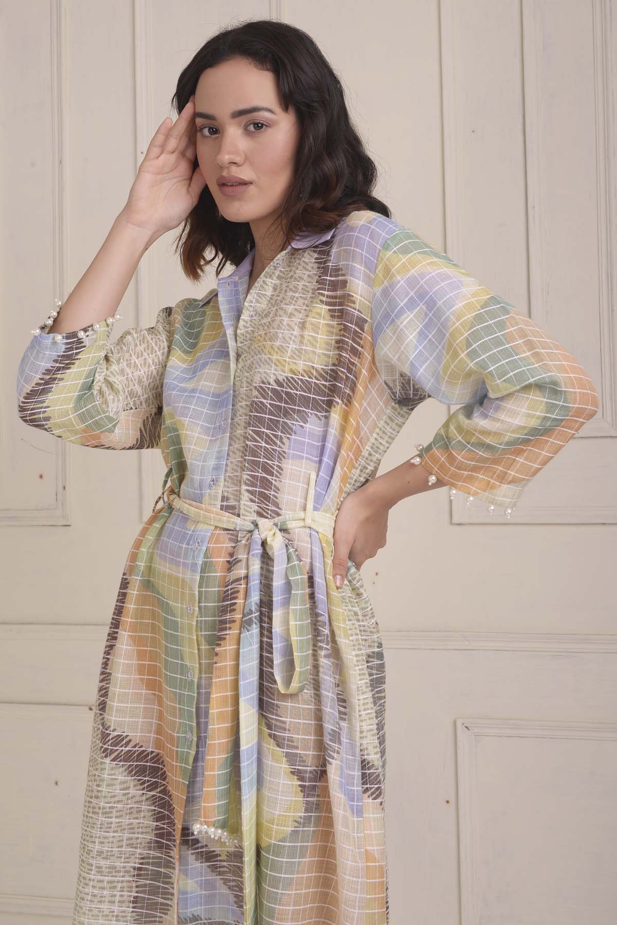 Checkered Beaded Shirt Dress