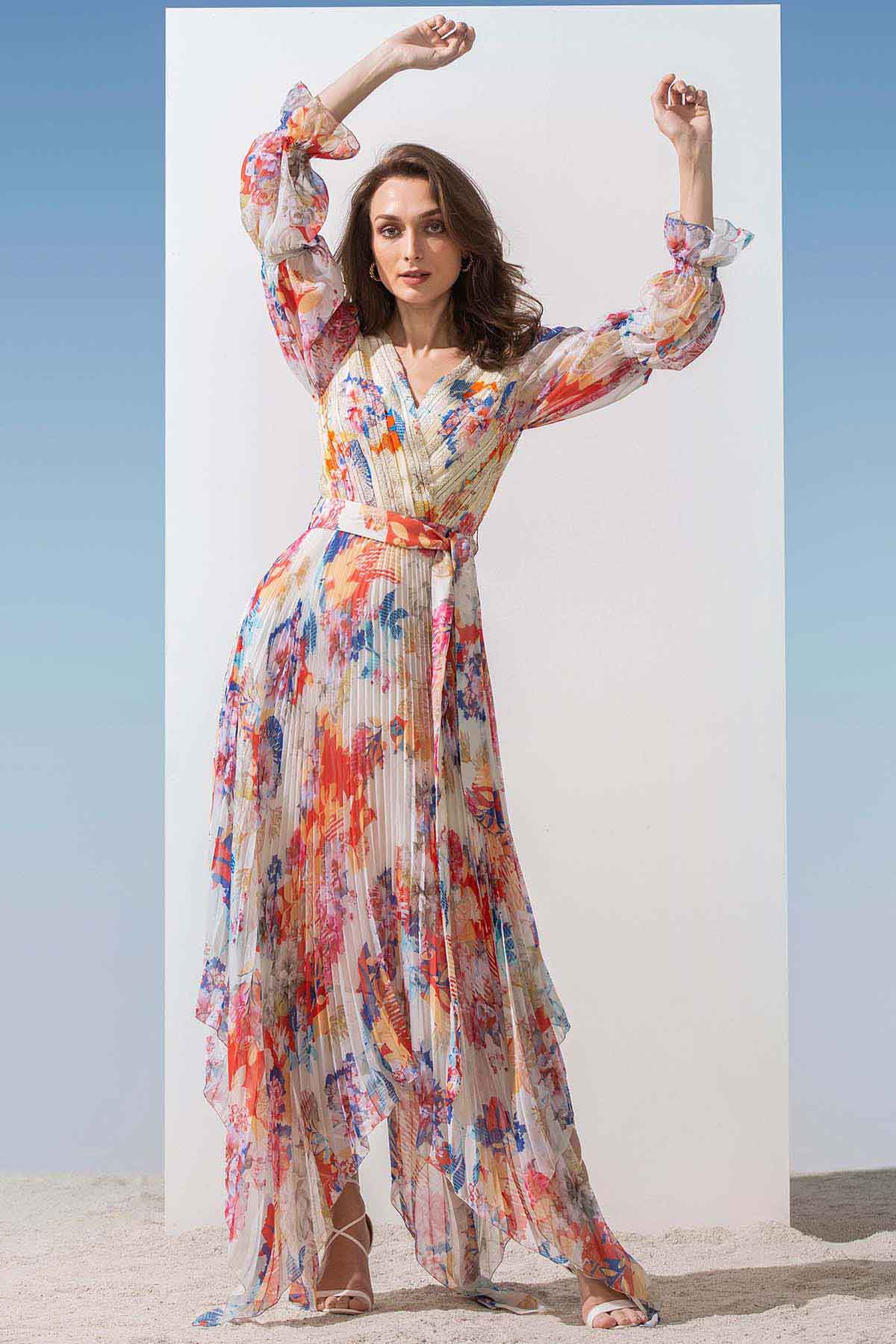 Buy Chiffon Printed Belted Dress by Mandira Wirk