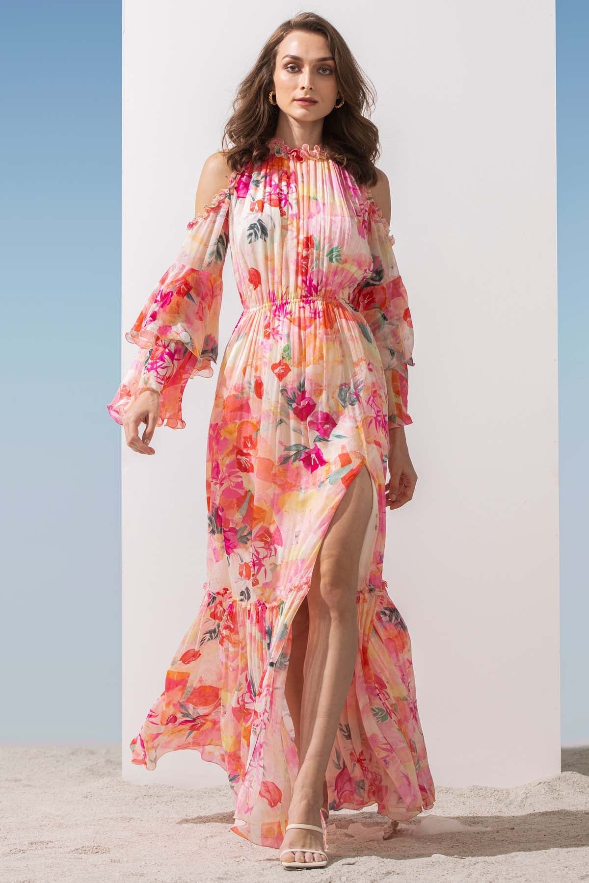 Buy Chiffon Printed Side Slit Dress by Mandira Wirk