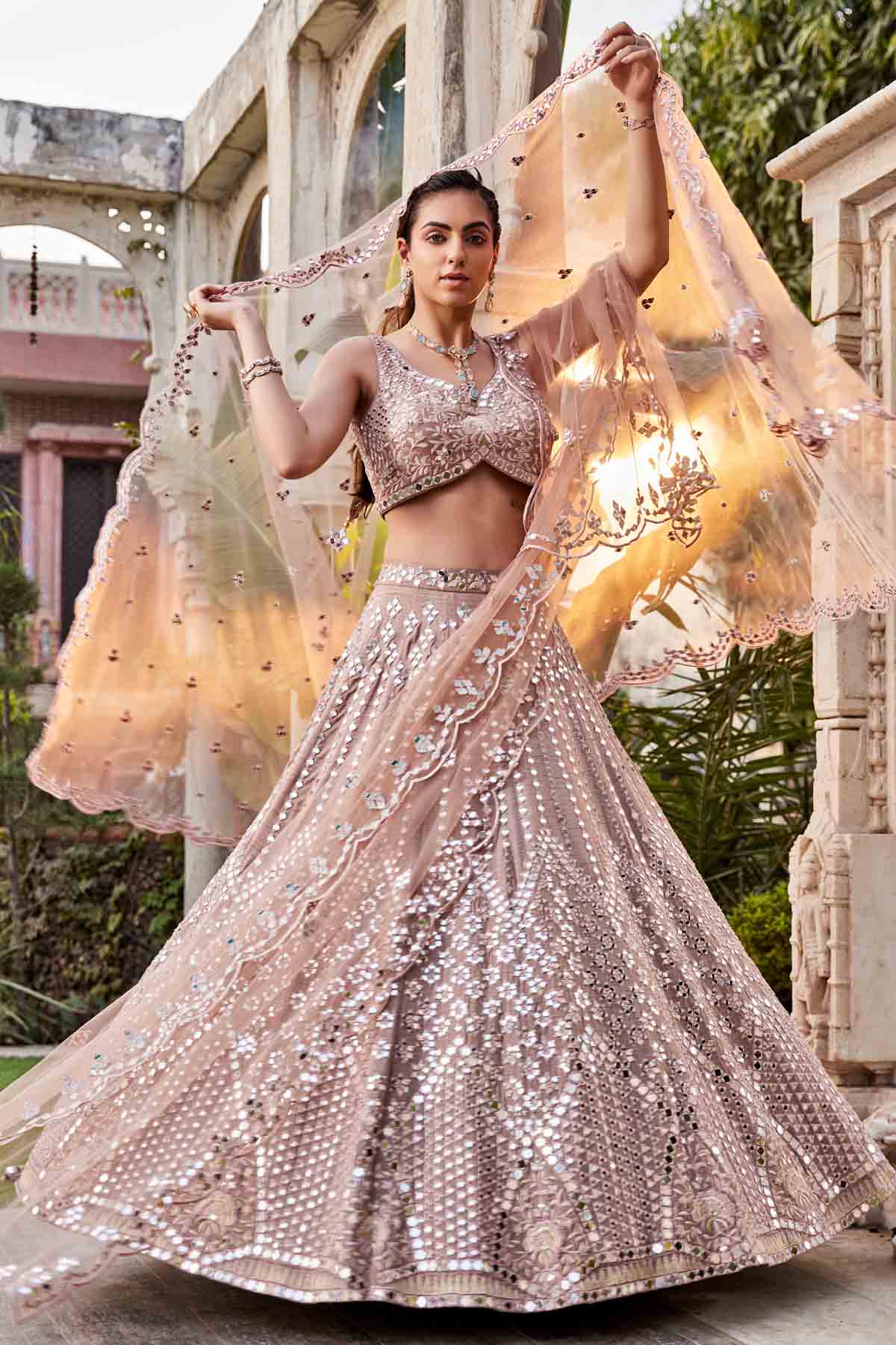 Coffee Mirror Embroidered Lehenga Set