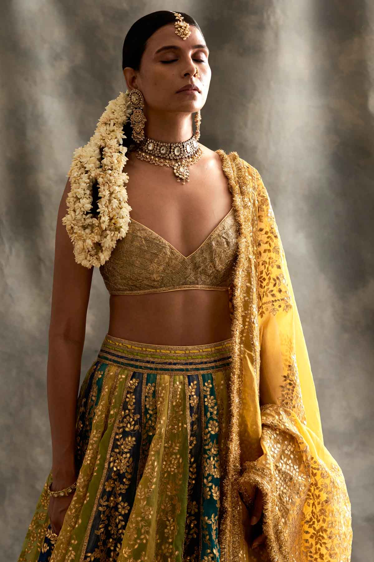 Color Blocked Organza Lehenga Set