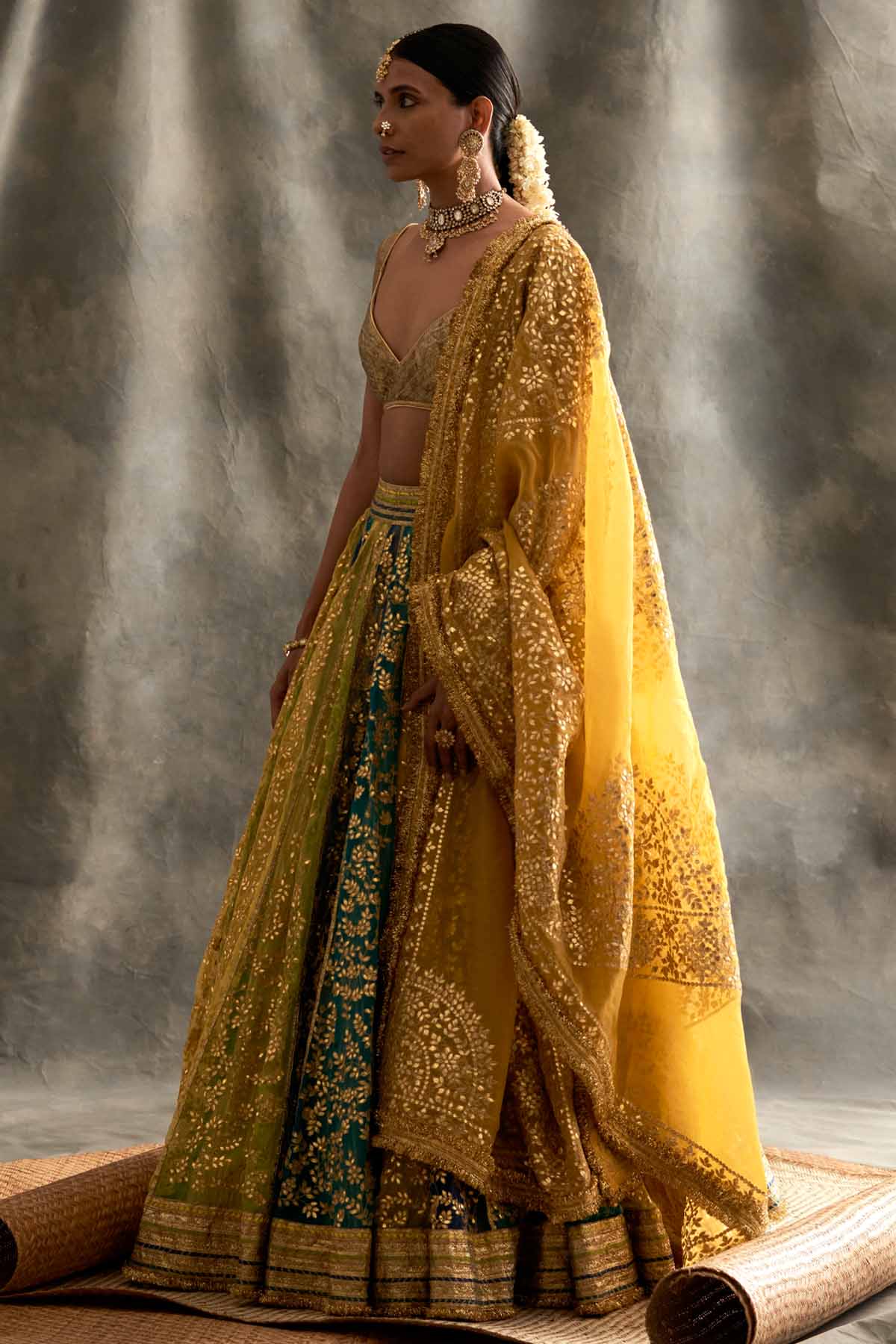 Color Blocked Organza Lehenga Set