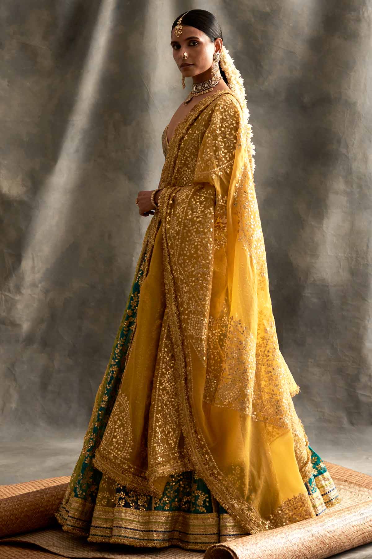 Color Blocked Organza Lehenga Set