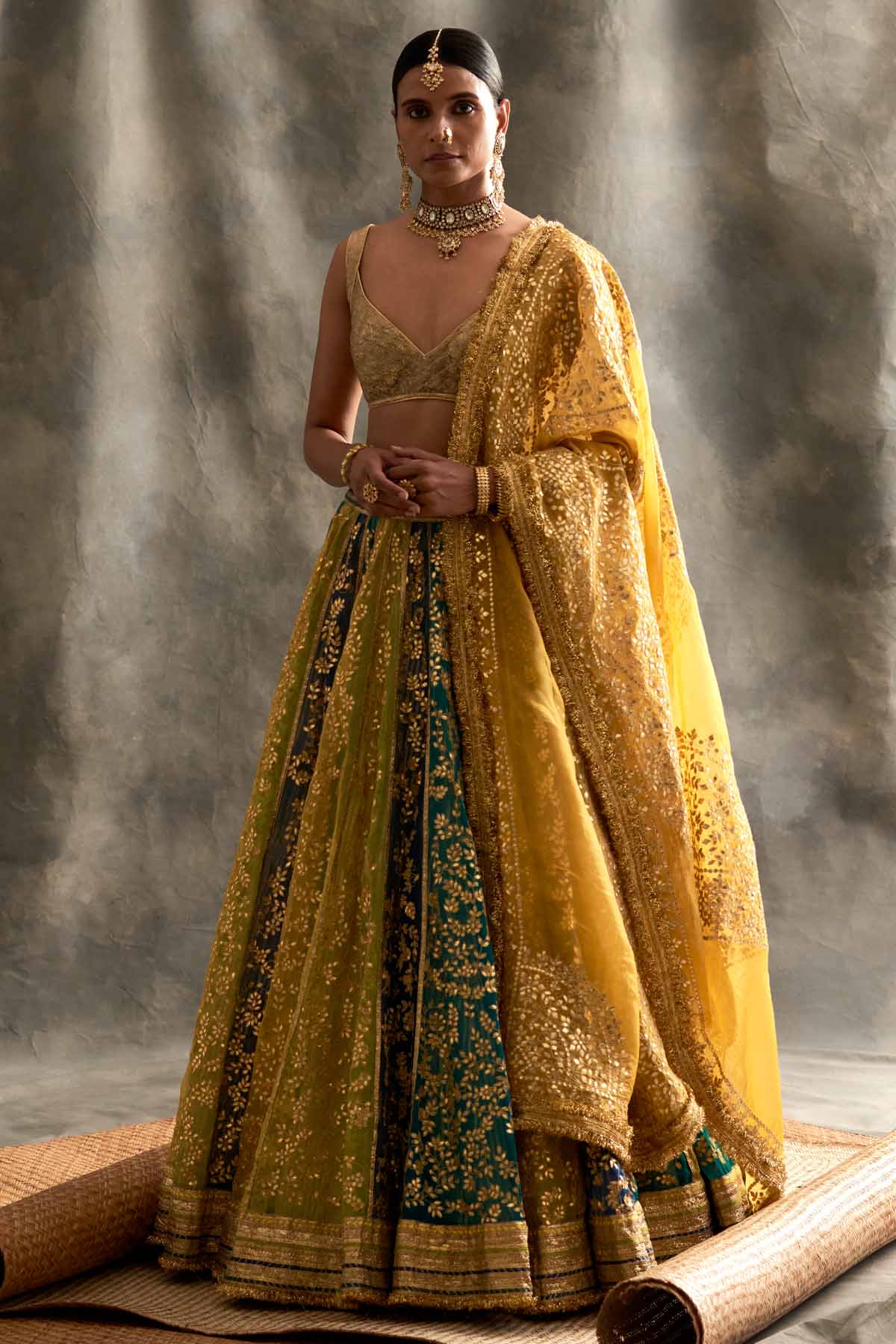 Buy ITRH, Designer Color Blocked Organza Lehenga Set Online