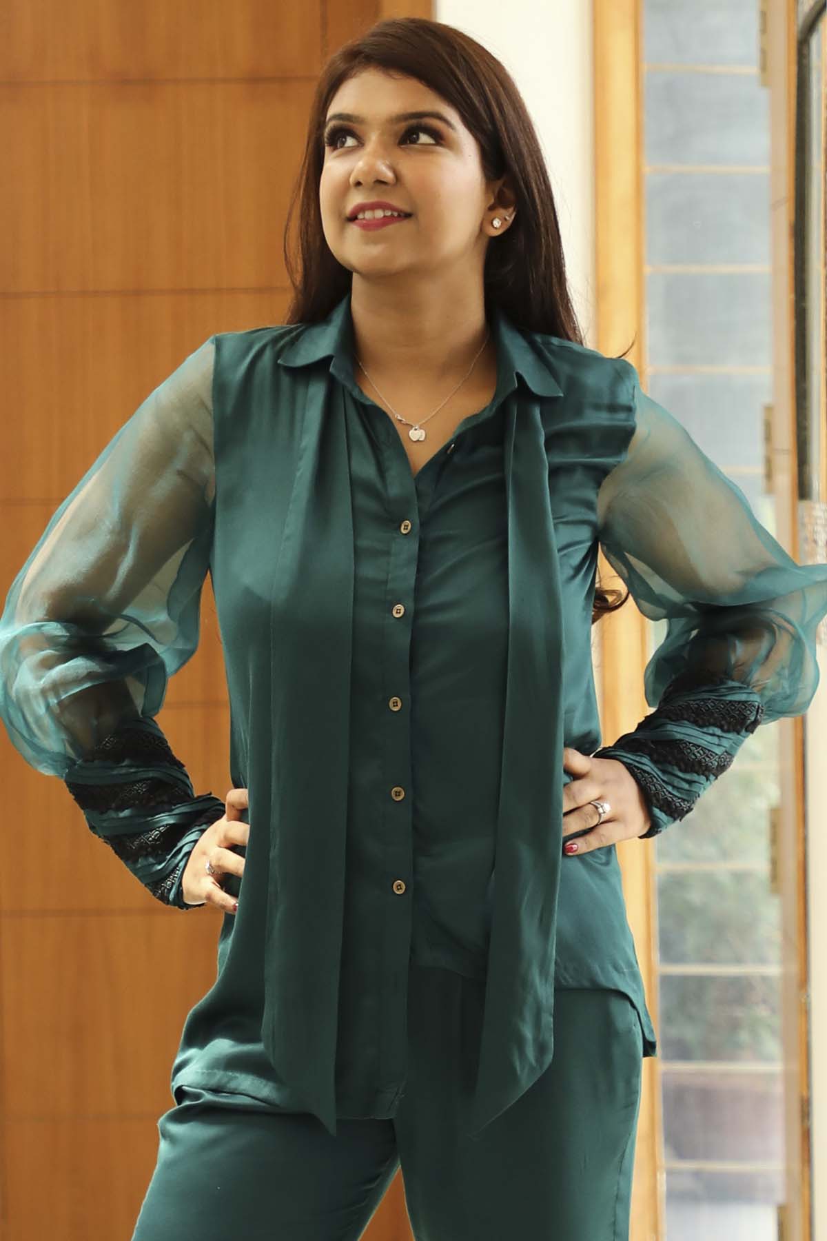 Cotton Satin Green Pant Suit