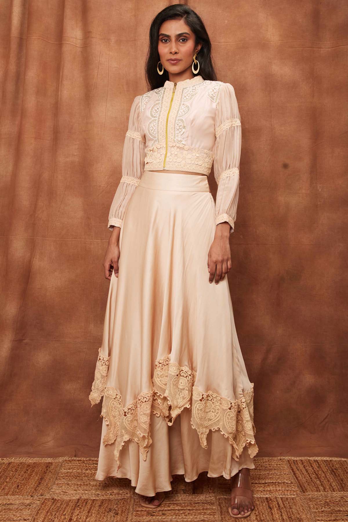 Cream Silk Jacket & Laced Skirt