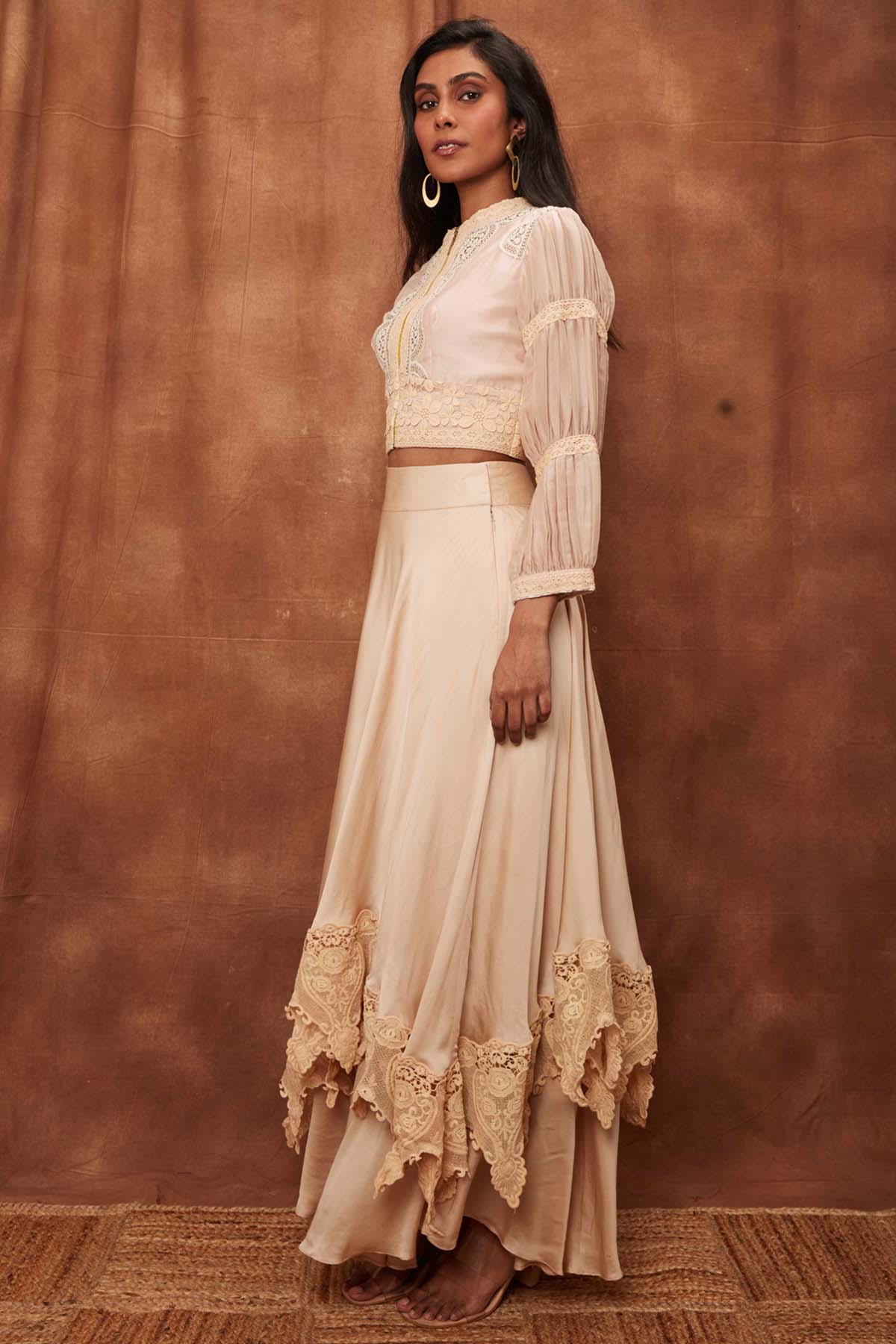 Cream Silk Jacket & Laced Skirt