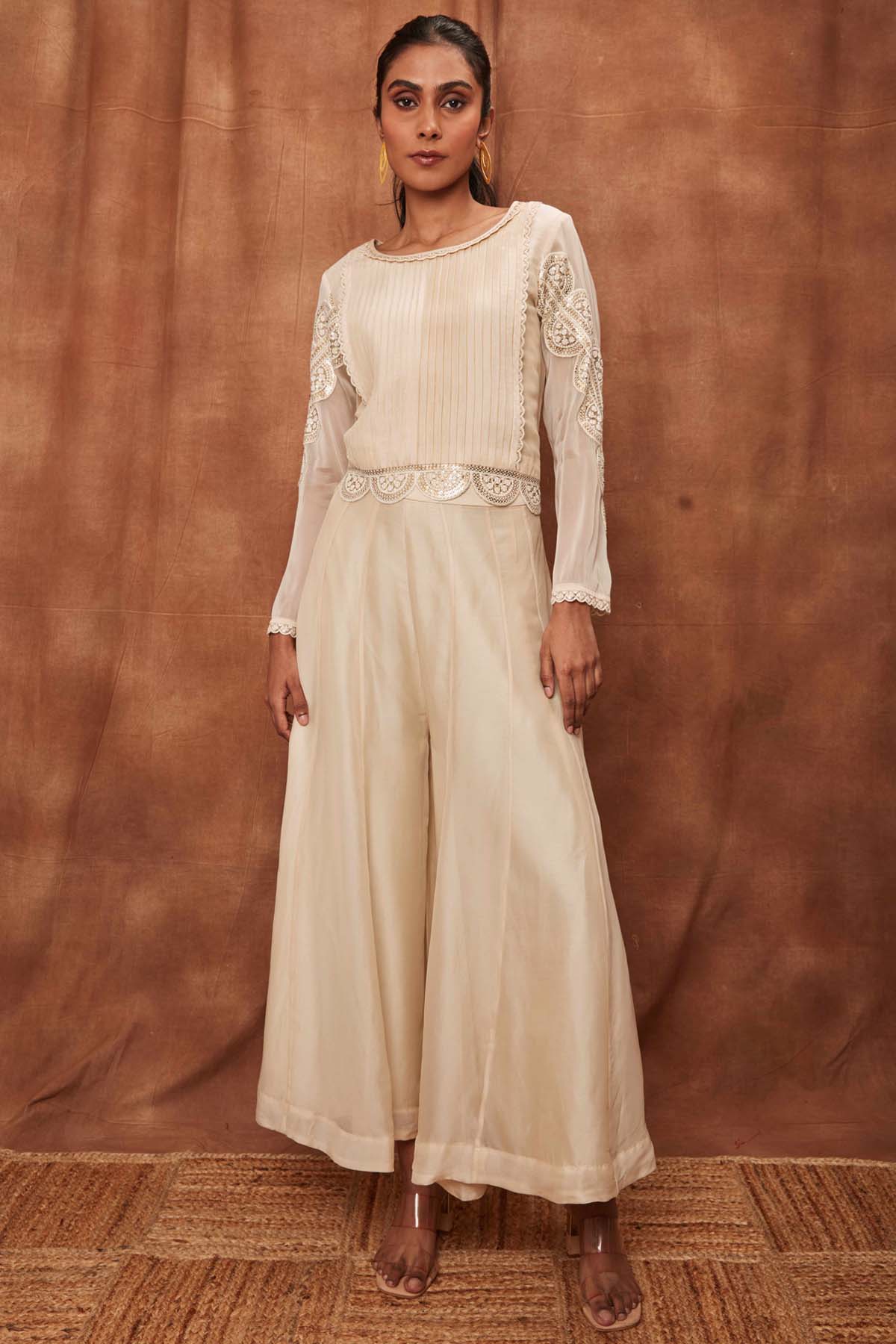 Buy Cream Pintuck Silk Top & Pants for Women Online