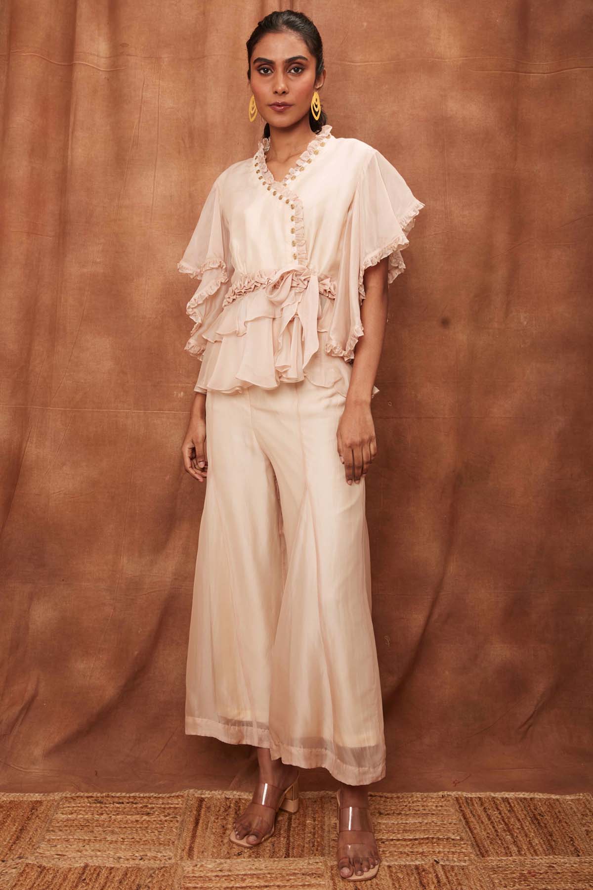 Buy Cream Silk Ruffle Top & Fishcut Pants for Women Online
