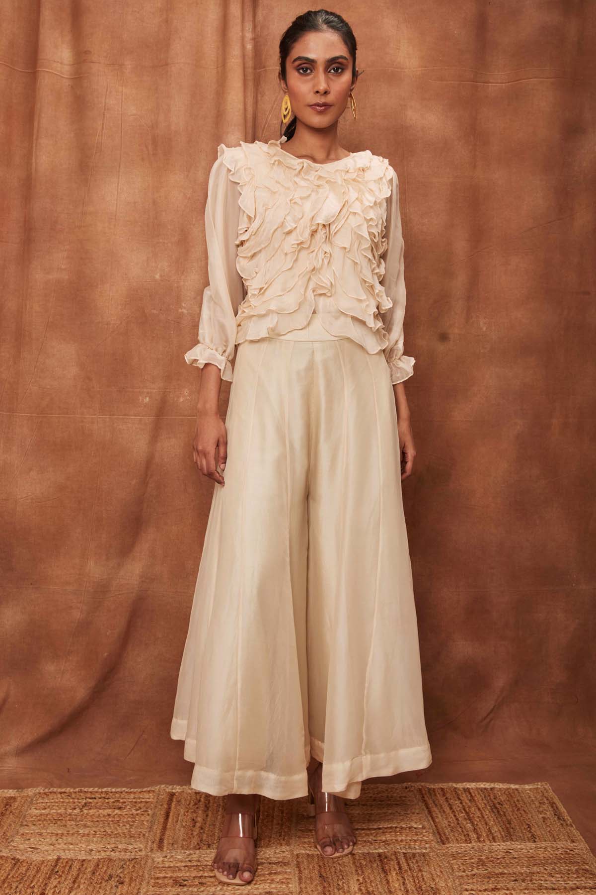 Buy Cream Silk Ruffled Top & Pants for Women Online