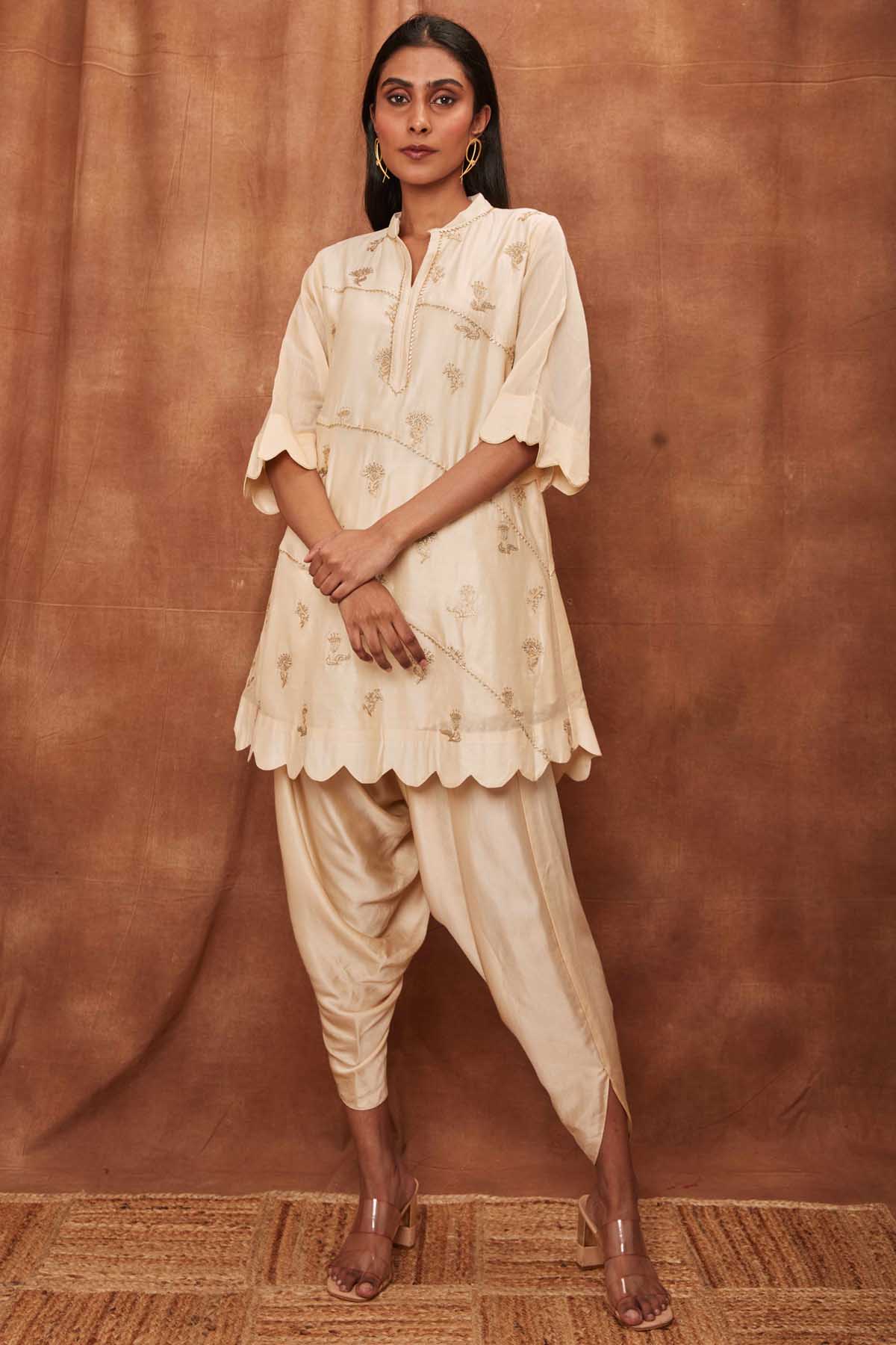 Buy Cream Silk Scalloped Kurta & Dhoti for Women Online