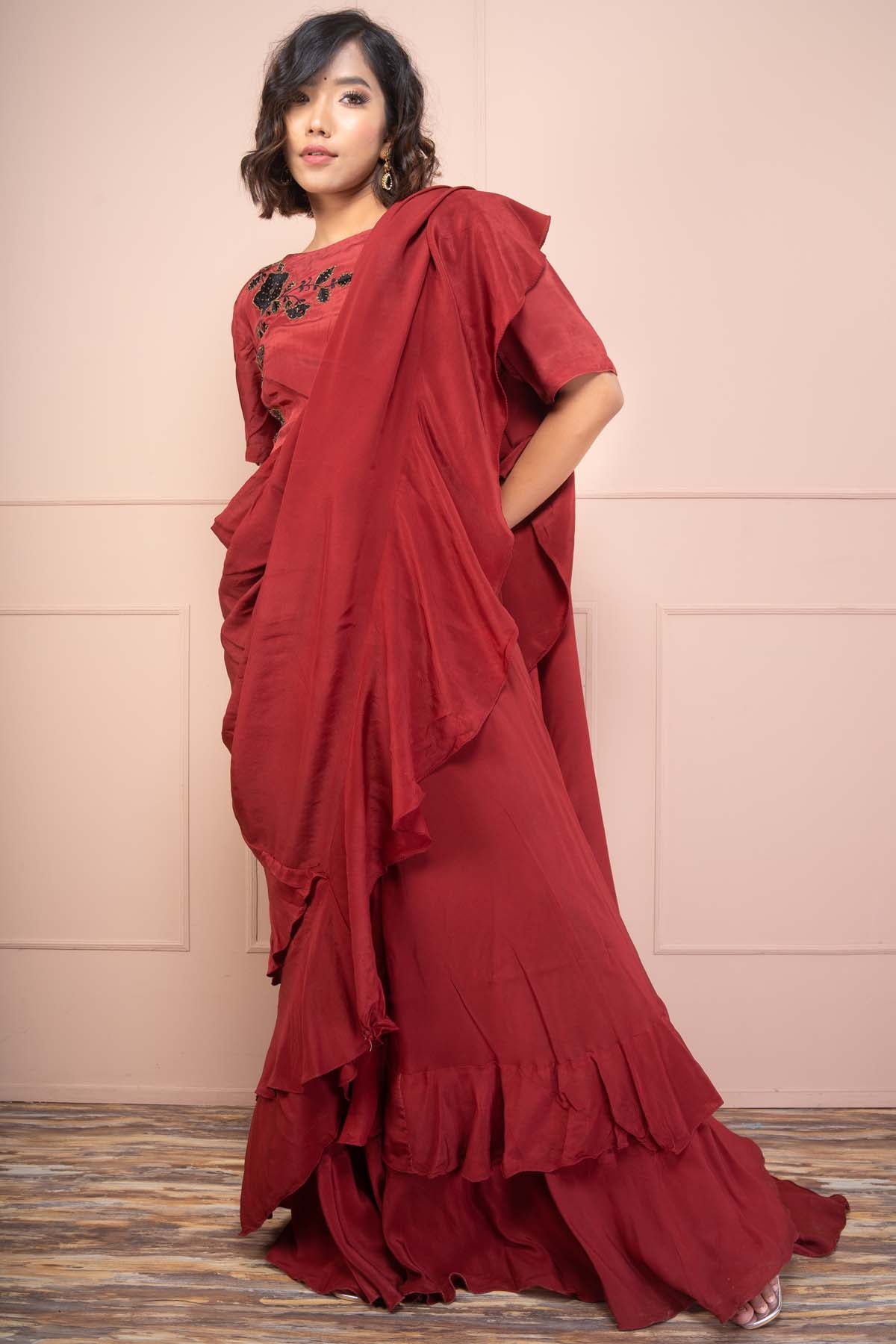 Crepe Ruffled Saree & Blouse Set