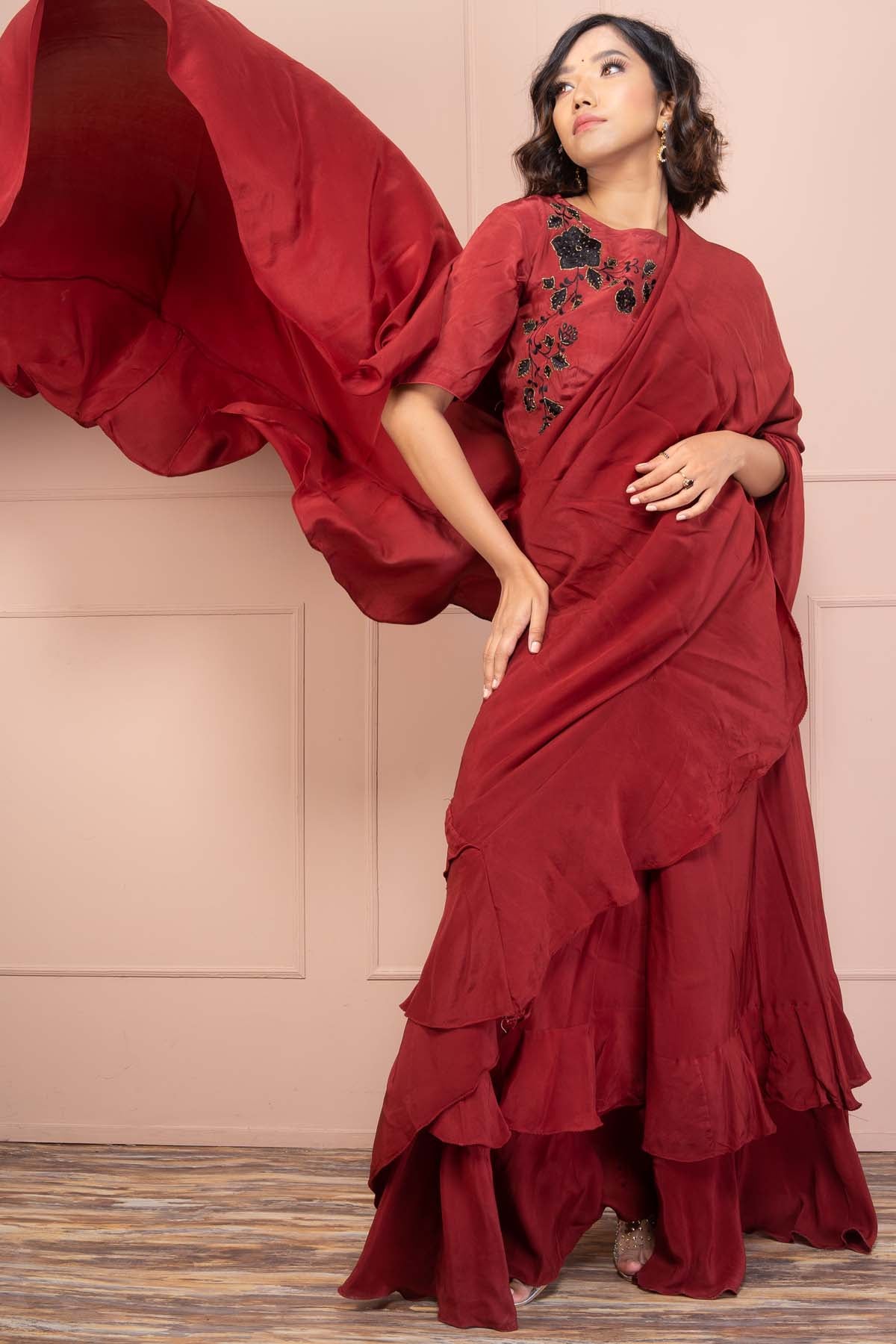 Crepe Ruffled Saree & Blouse Set