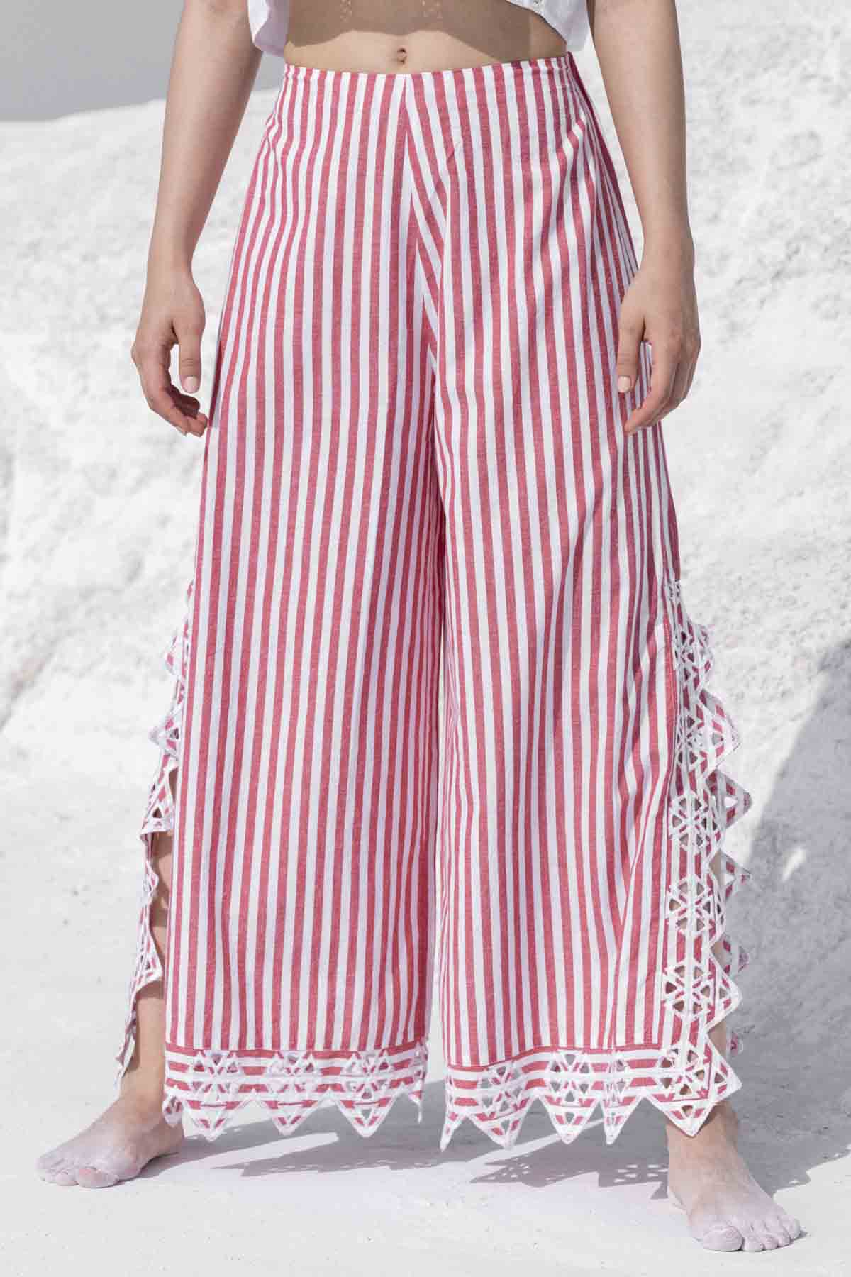 Buy Cutwork Striped Cotton Pants By Beachbum Online