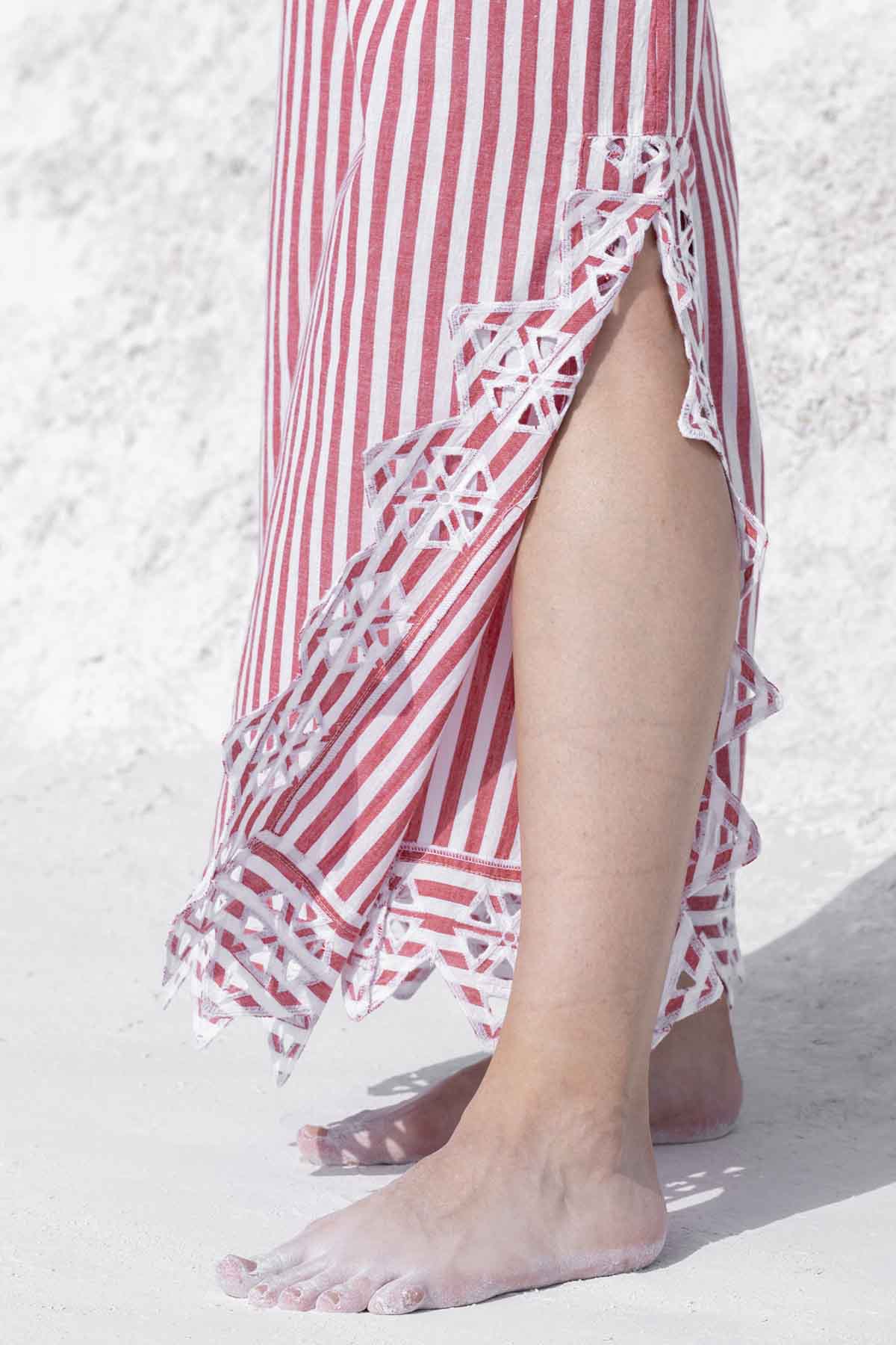 Cutwork Striped Cotton Pants