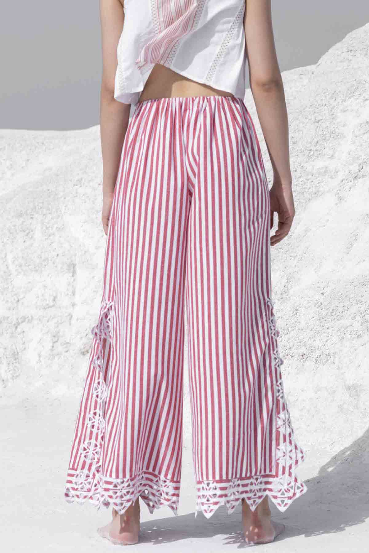 Cutwork Striped Cotton Pants