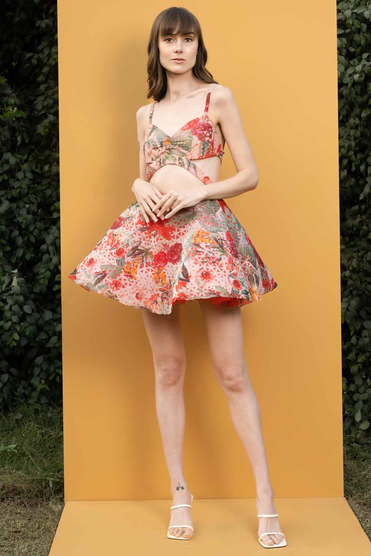 Buy Dahlia Bouquet Printed Cutwork Dress by Mandira Wirk