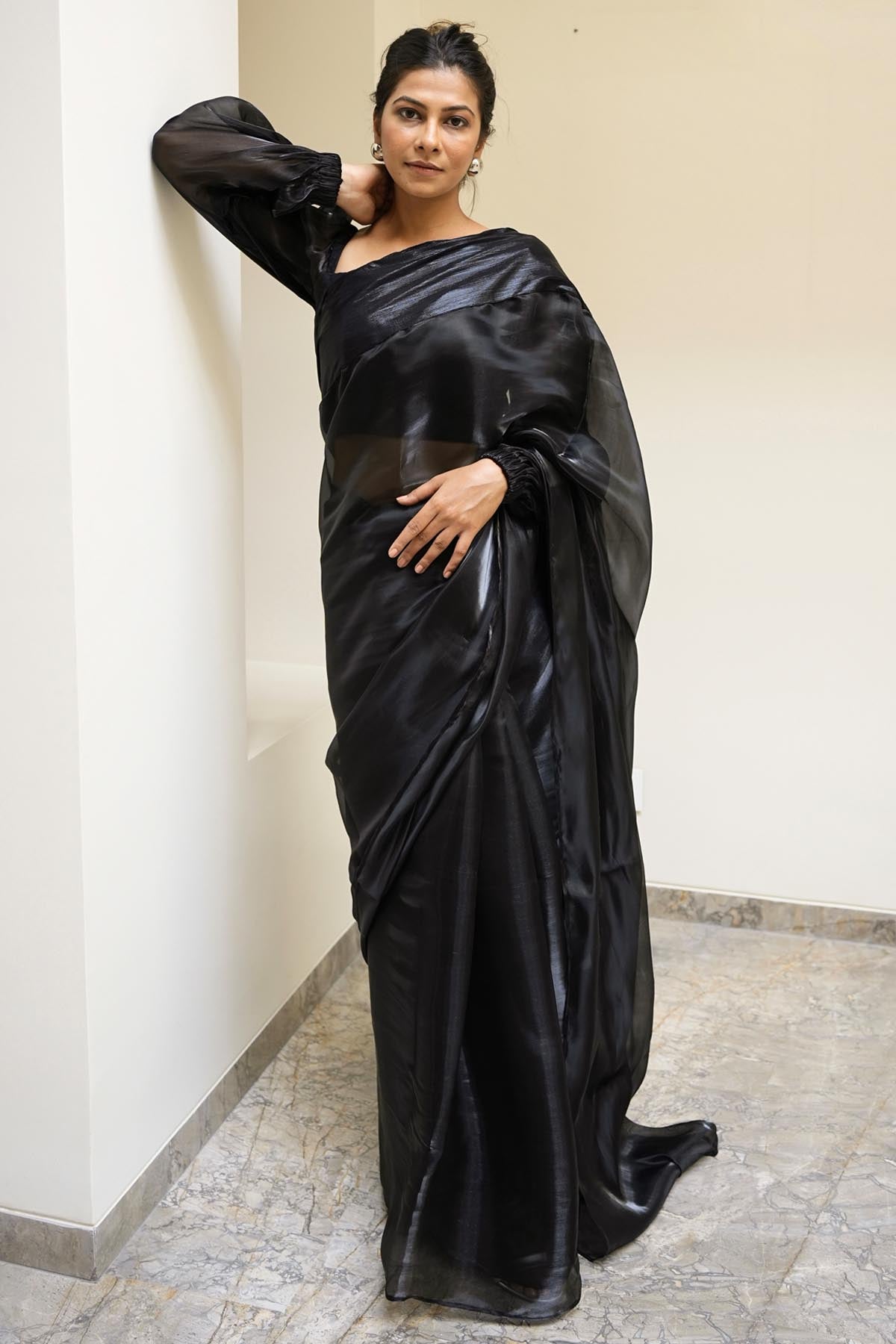 Dark Black Organza Drape Saree