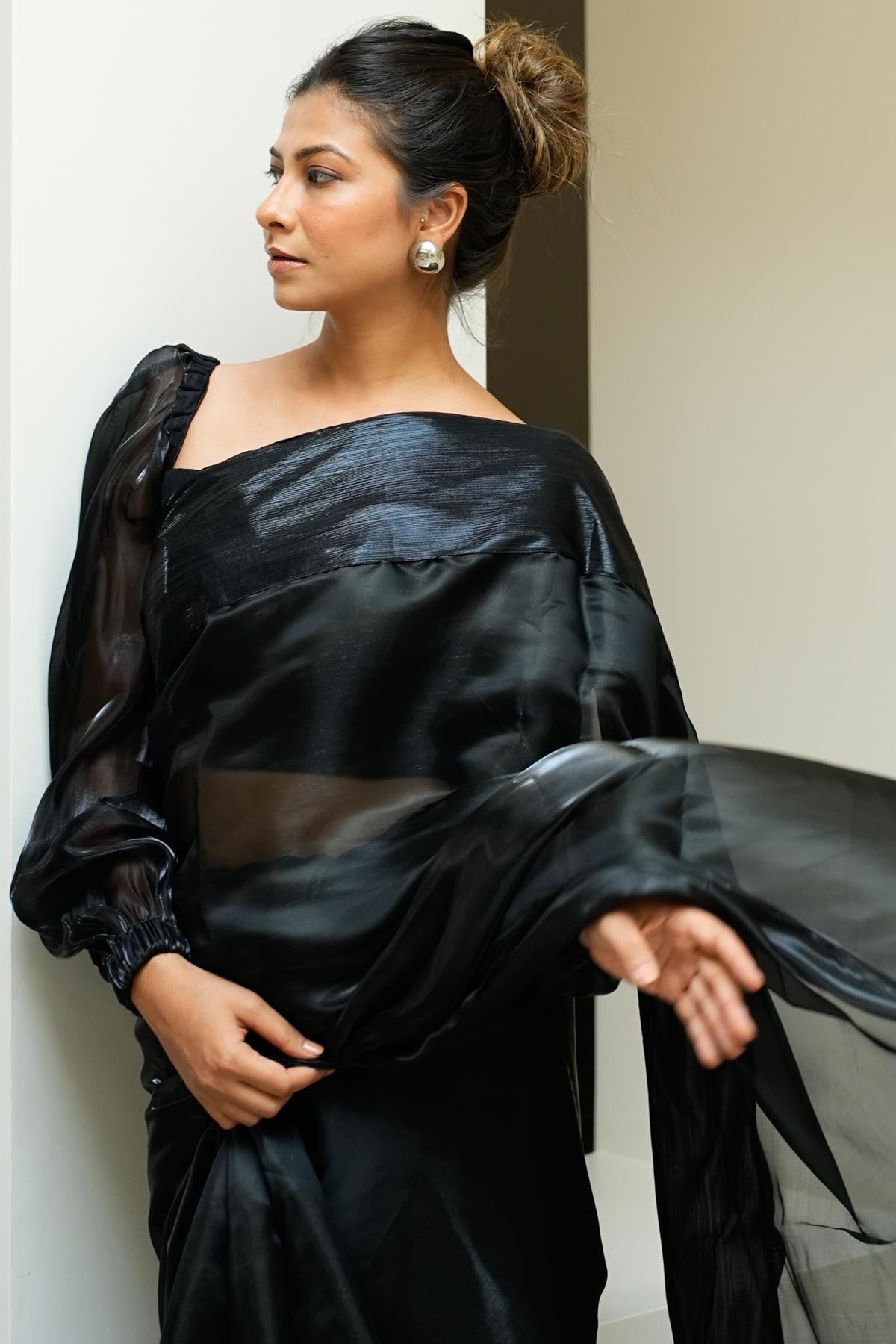 Dark Black Organza Drape Saree