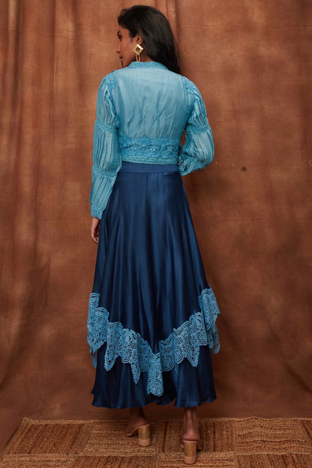 Dark Blue Silk Jacket & Laced Skirt