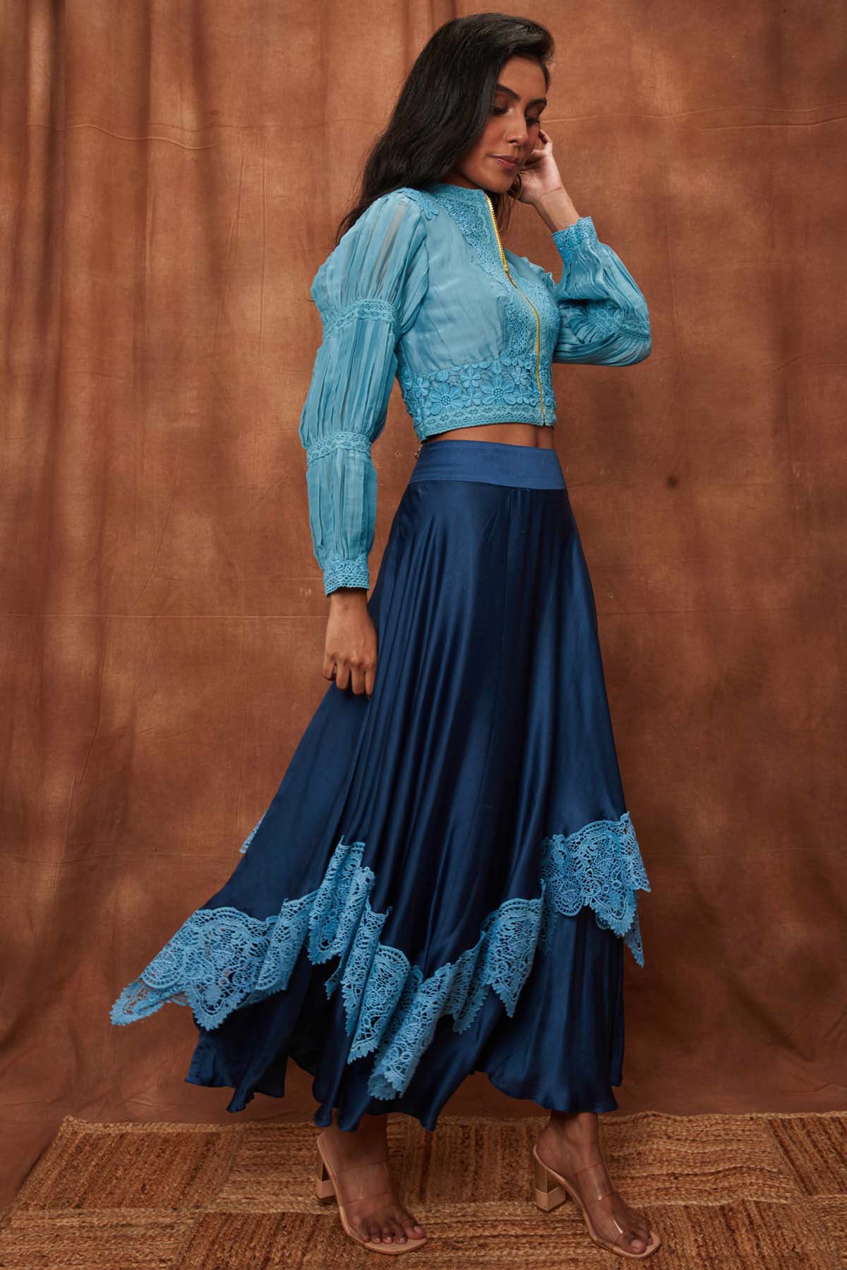 Dark Blue Silk Jacket & Laced Skirt