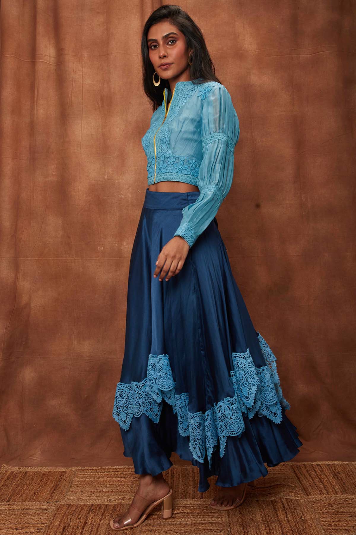 Dark Blue Silk Jacket & Laced Skirt