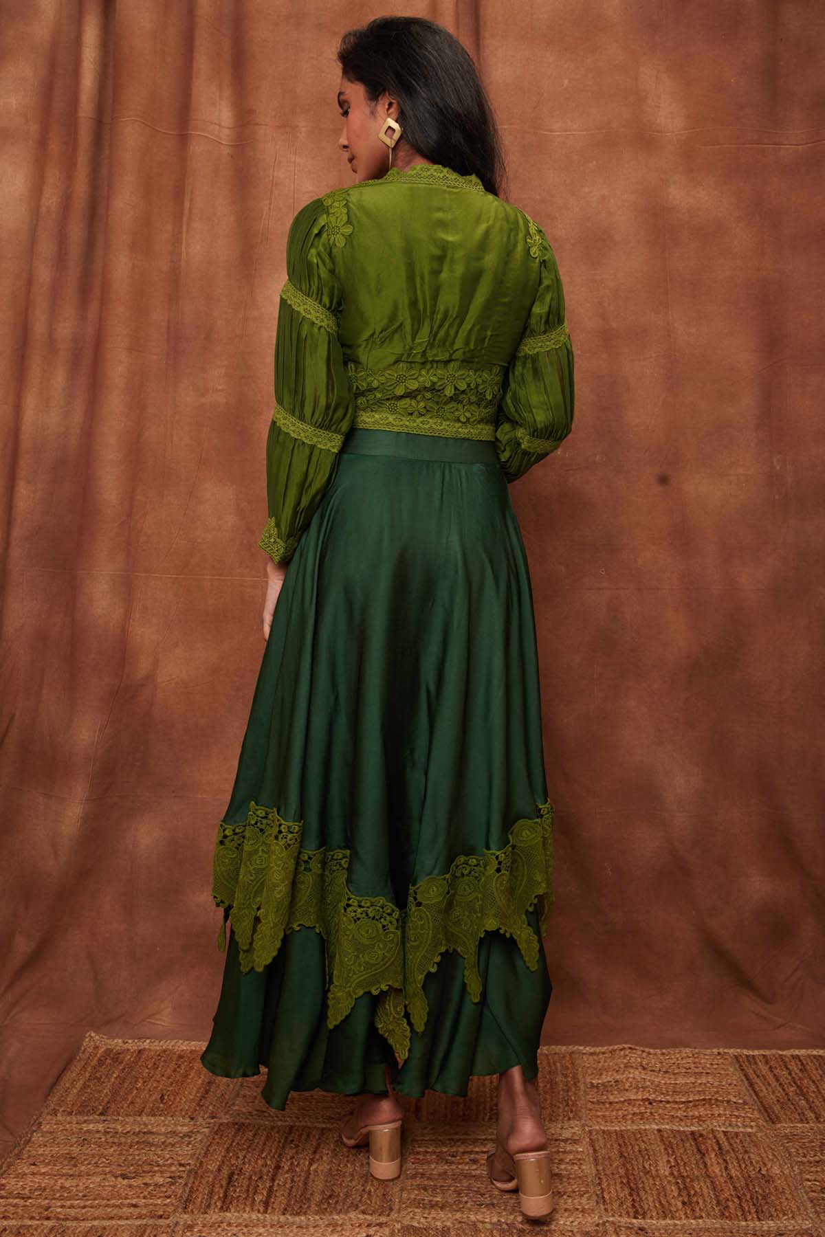 Dark Green Silk Jacket & Laced Skirt