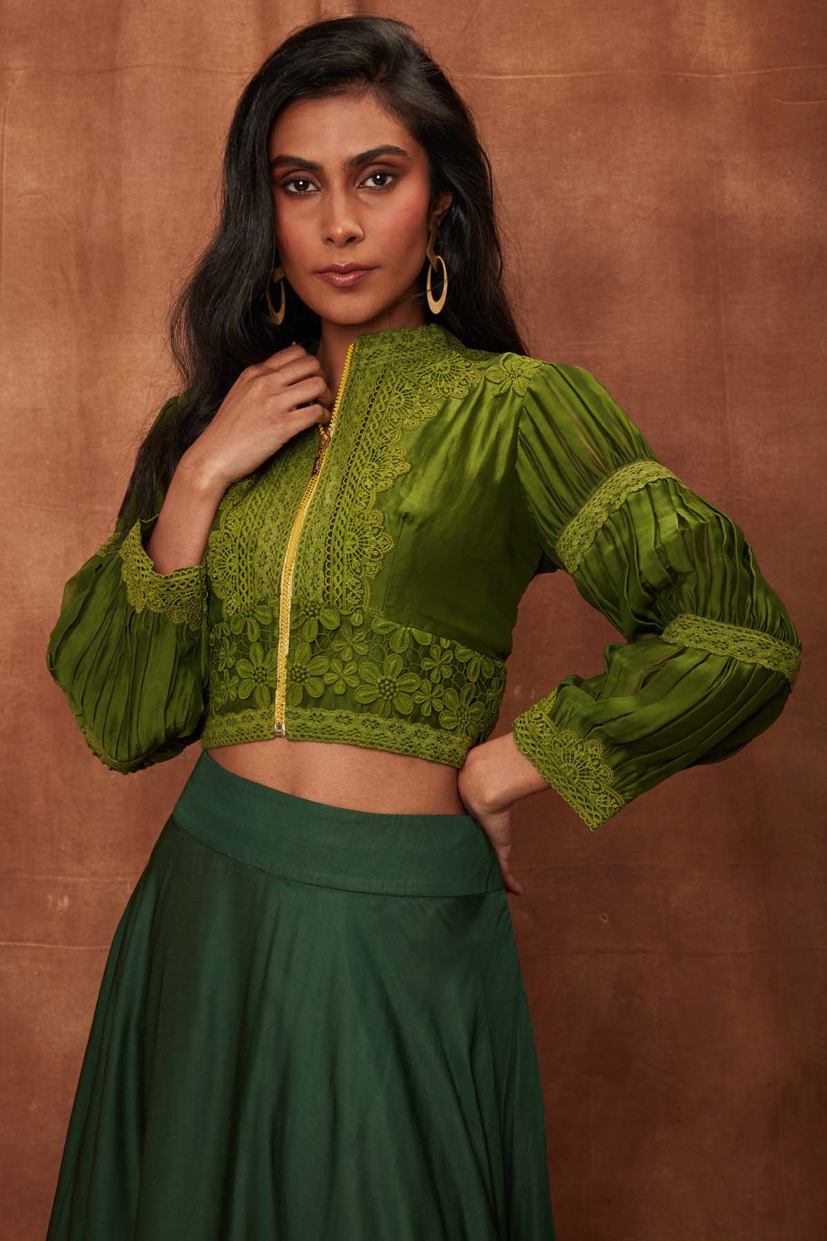 Dark Green Silk Jacket & Laced Skirt