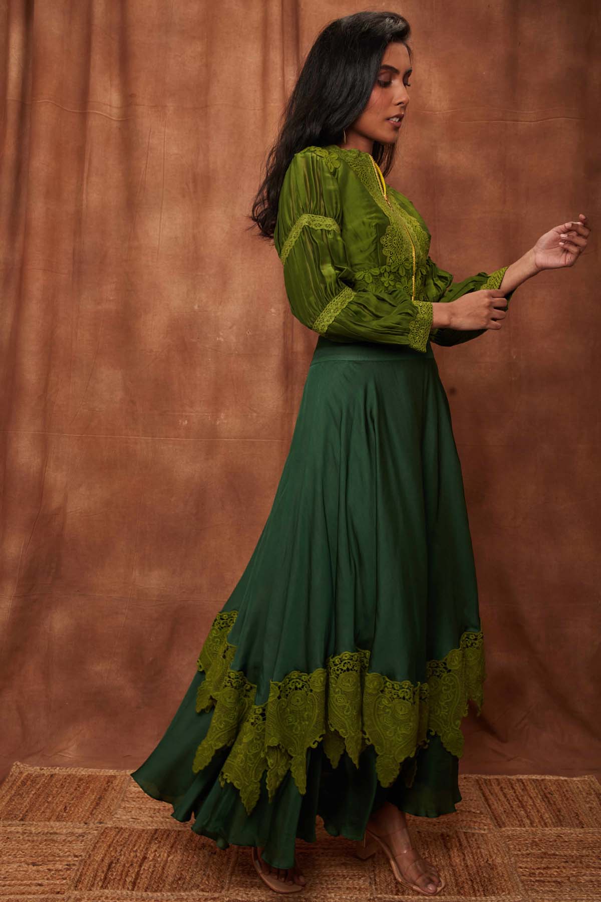Dark Green Silk Jacket & Laced Skirt