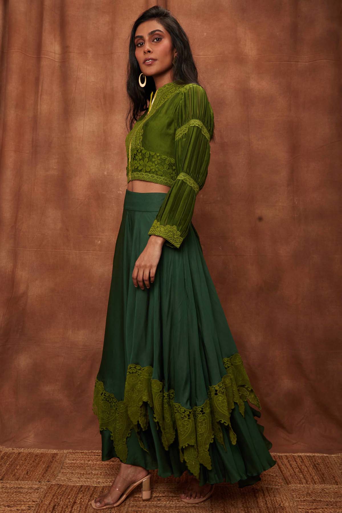 Dark Green Silk Jacket & Laced Skirt