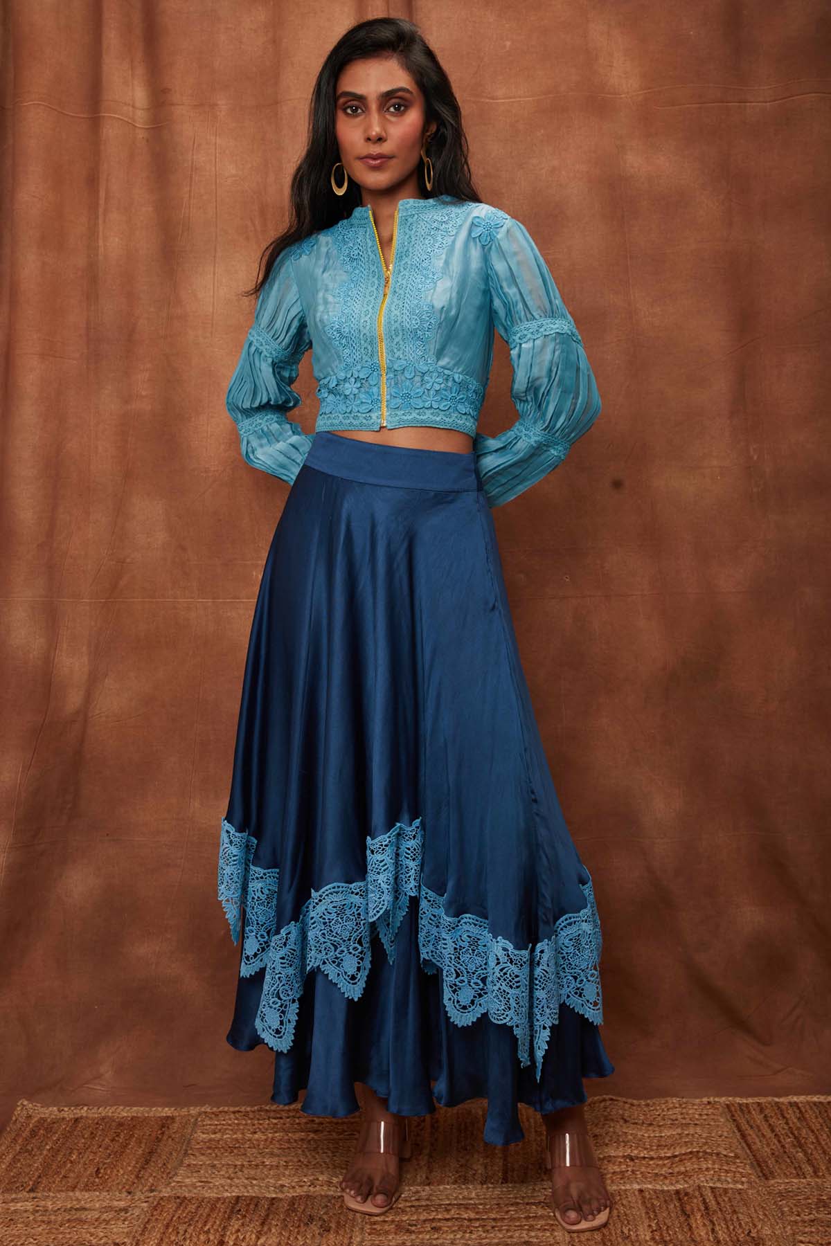 Buy Dark Blue Silk Jacket & Laced Skirt for Women Online
