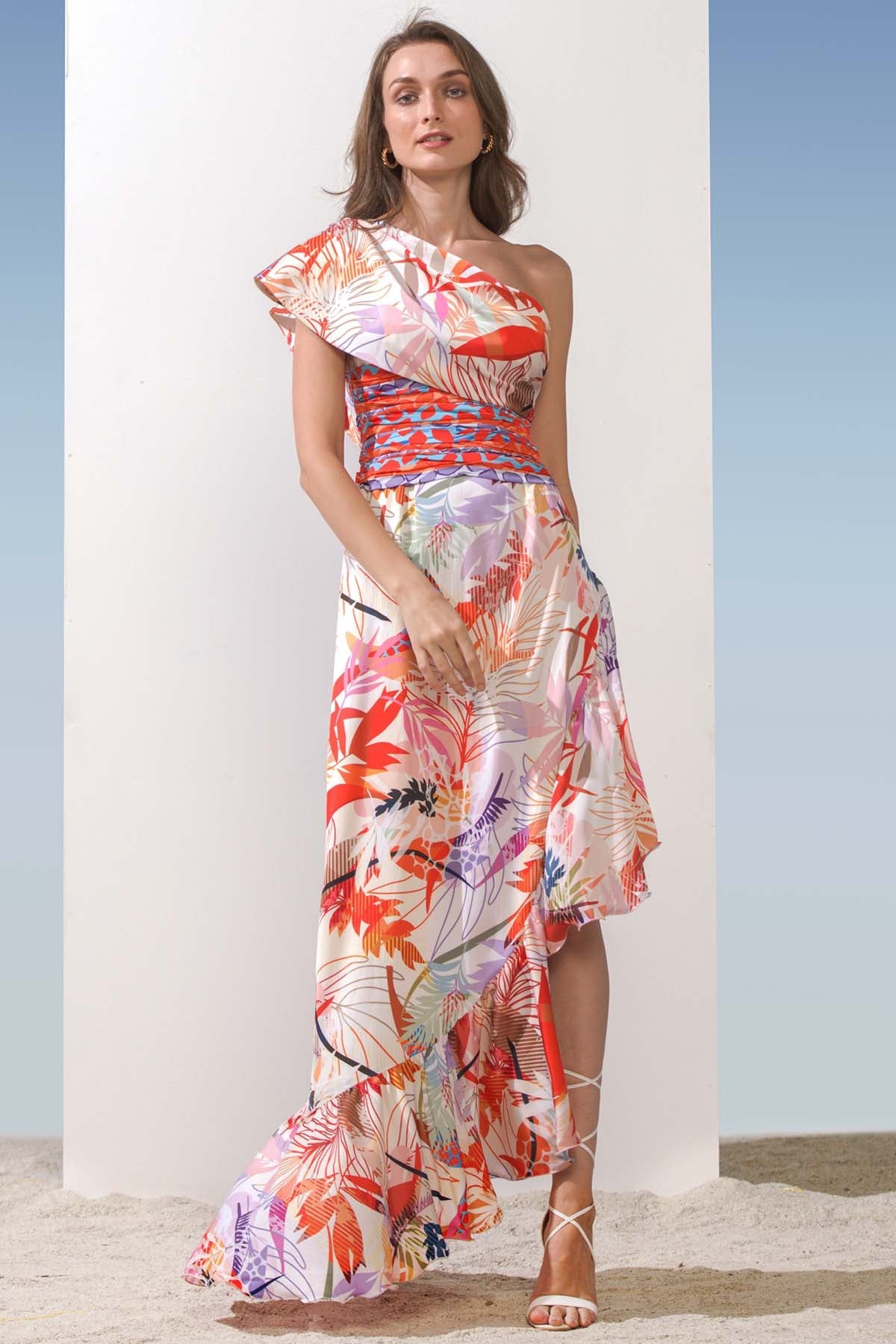 Buy Drape Shoulder Satin Dress by Mandira Wirk