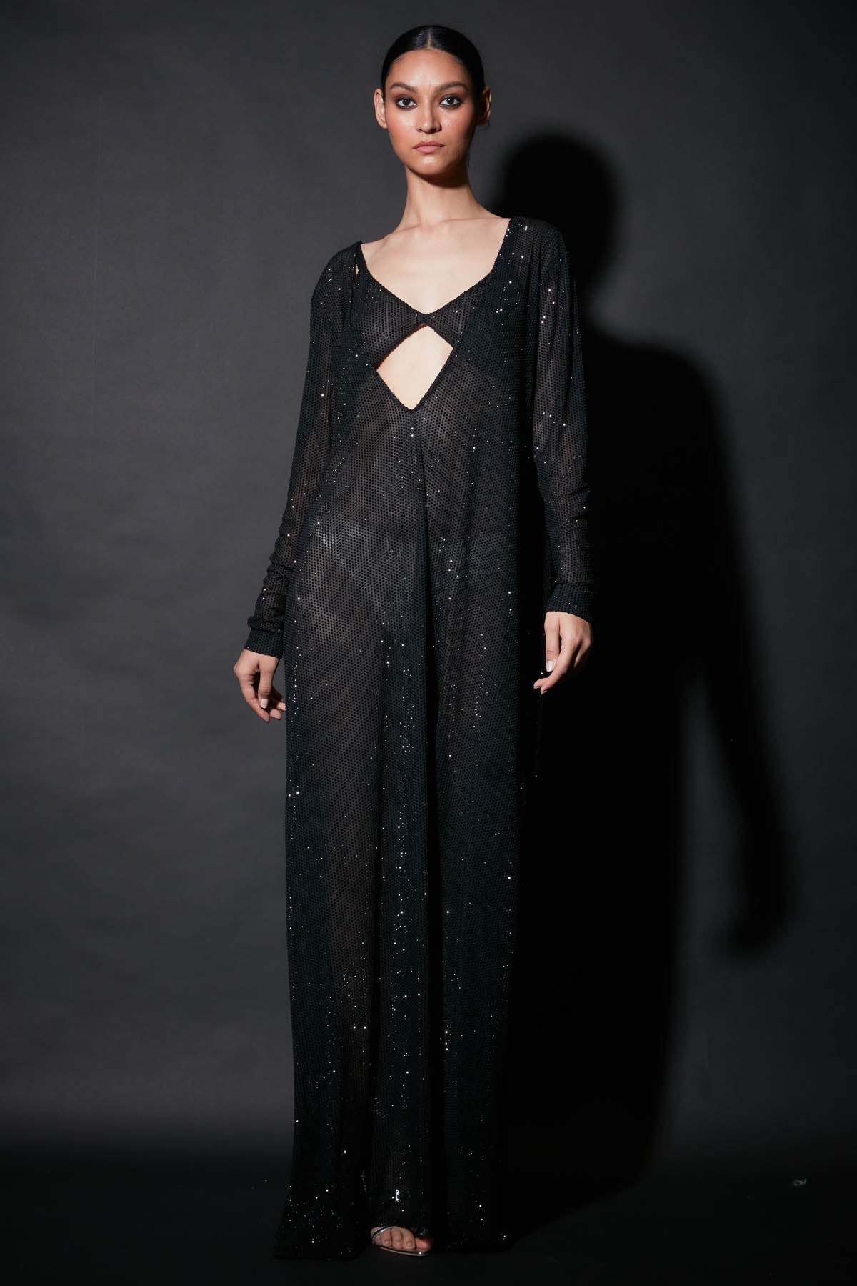 Buy ITRH, Designer Embellished Black Deep Neck Gown Online