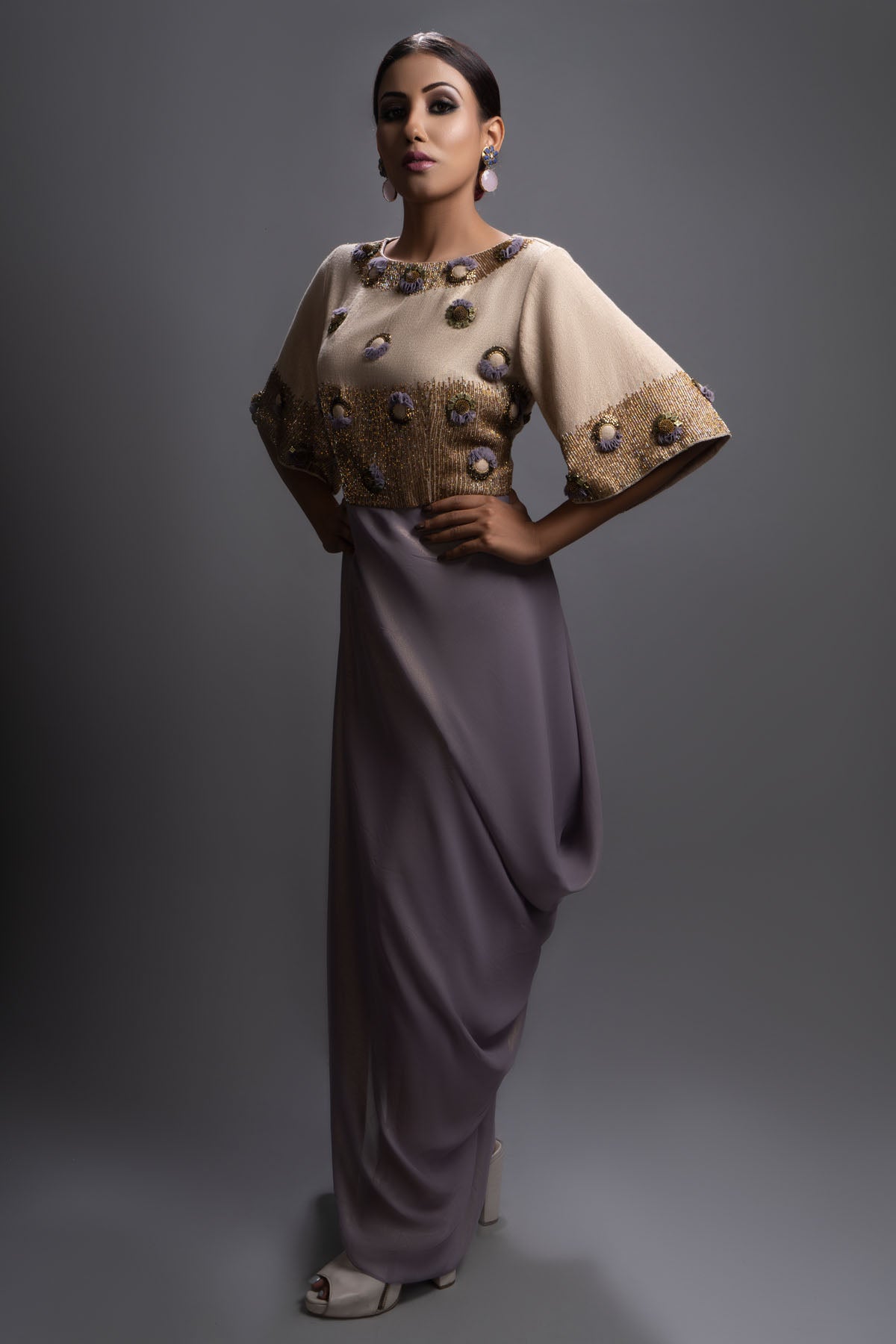 Embroidered Asymmetric Drape Dress