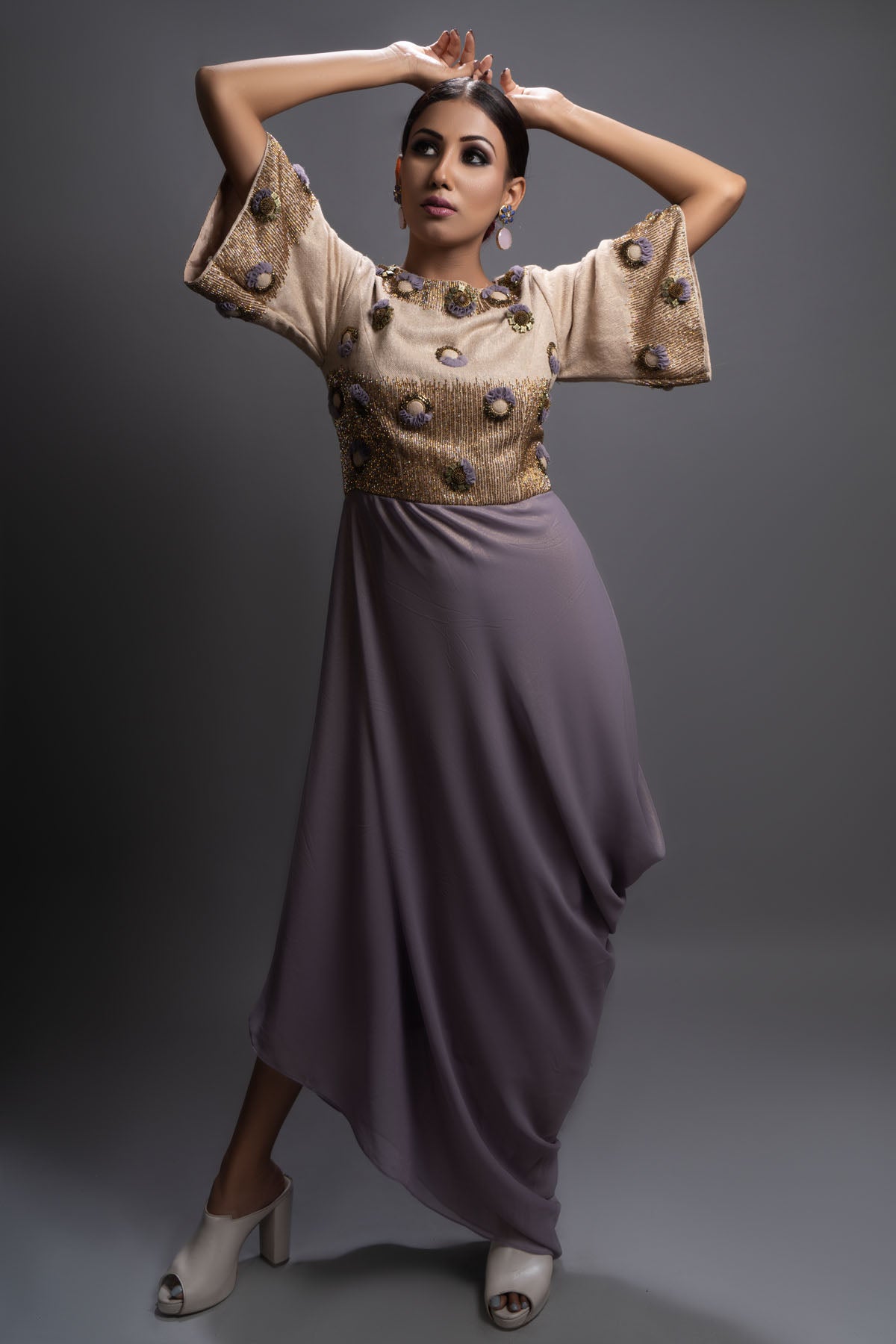 Embroidered Asymmetric Drape Dress