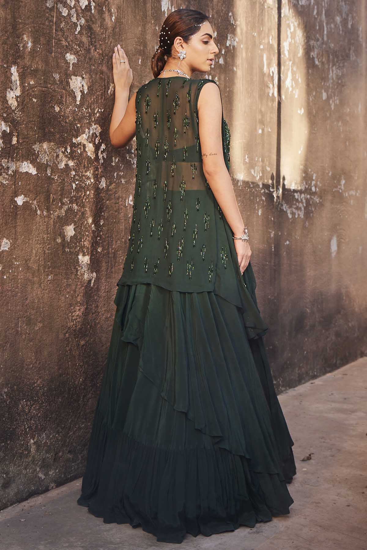 Embroidered Green Jacket Lehenga Set