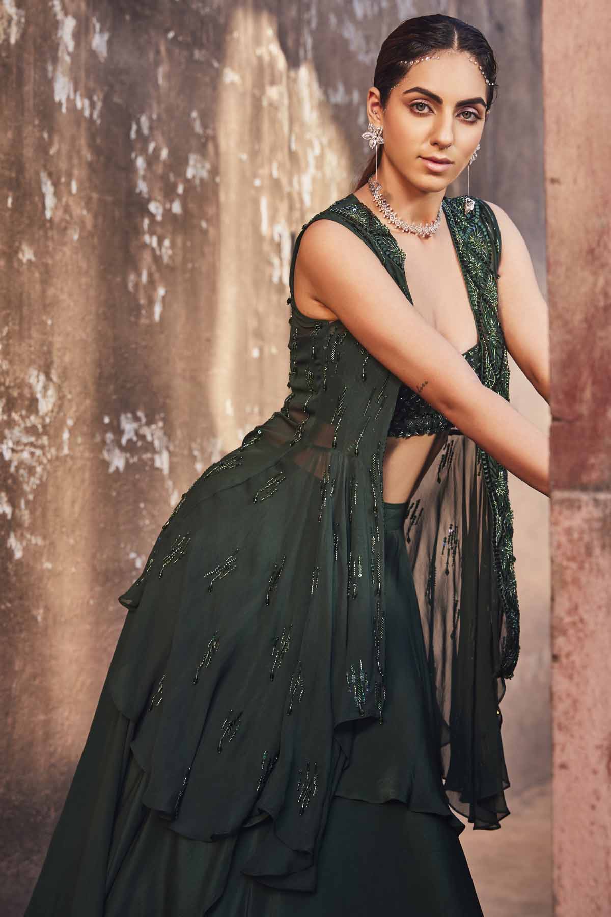 Embroidered Green Jacket Lehenga Set