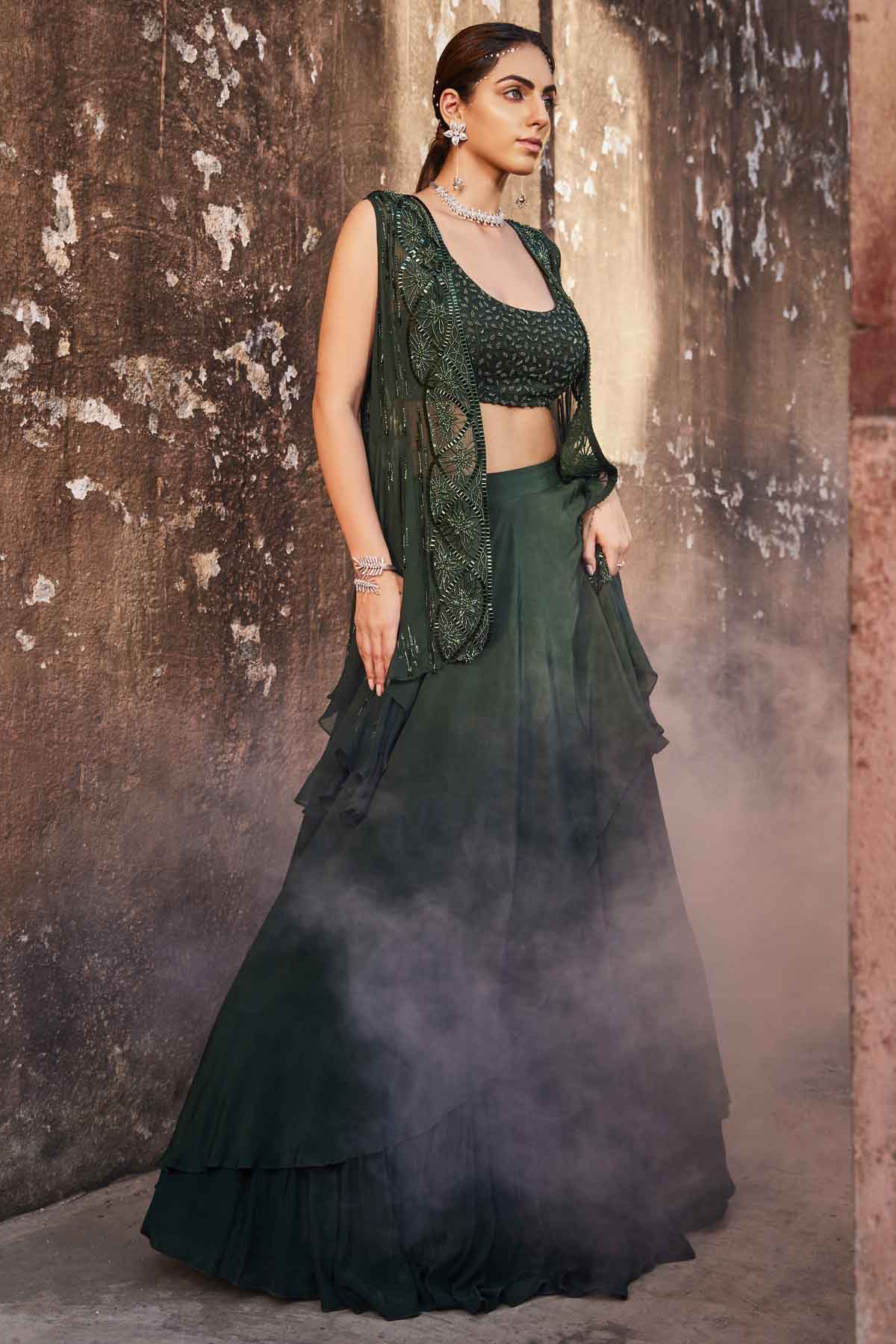 Embroidered Green Jacket Lehenga Set