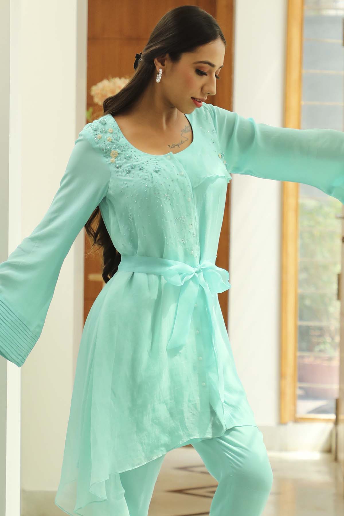 Embroidered Overlay Style Pant Suit