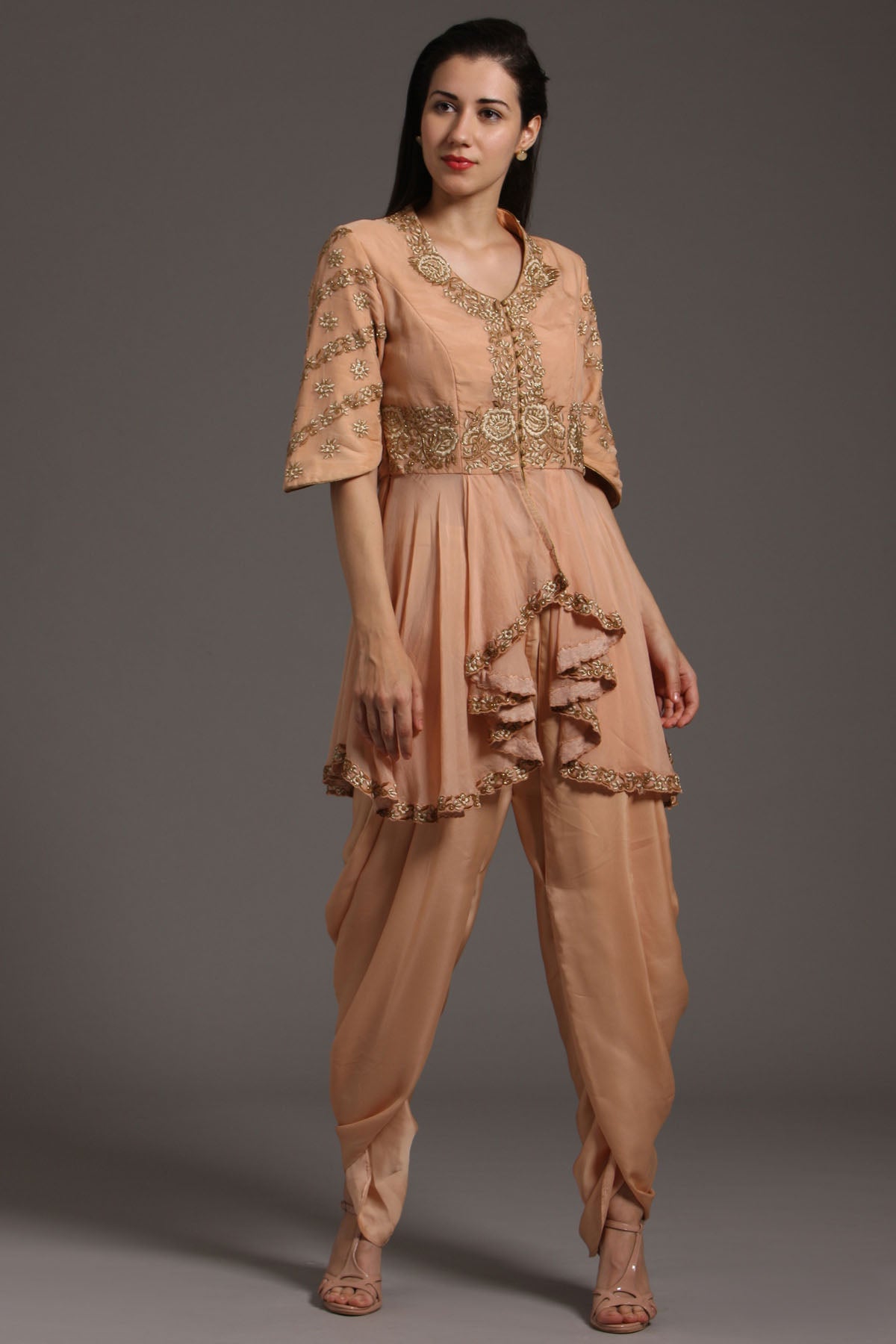 Peach Peplum Thread Kurta Set
