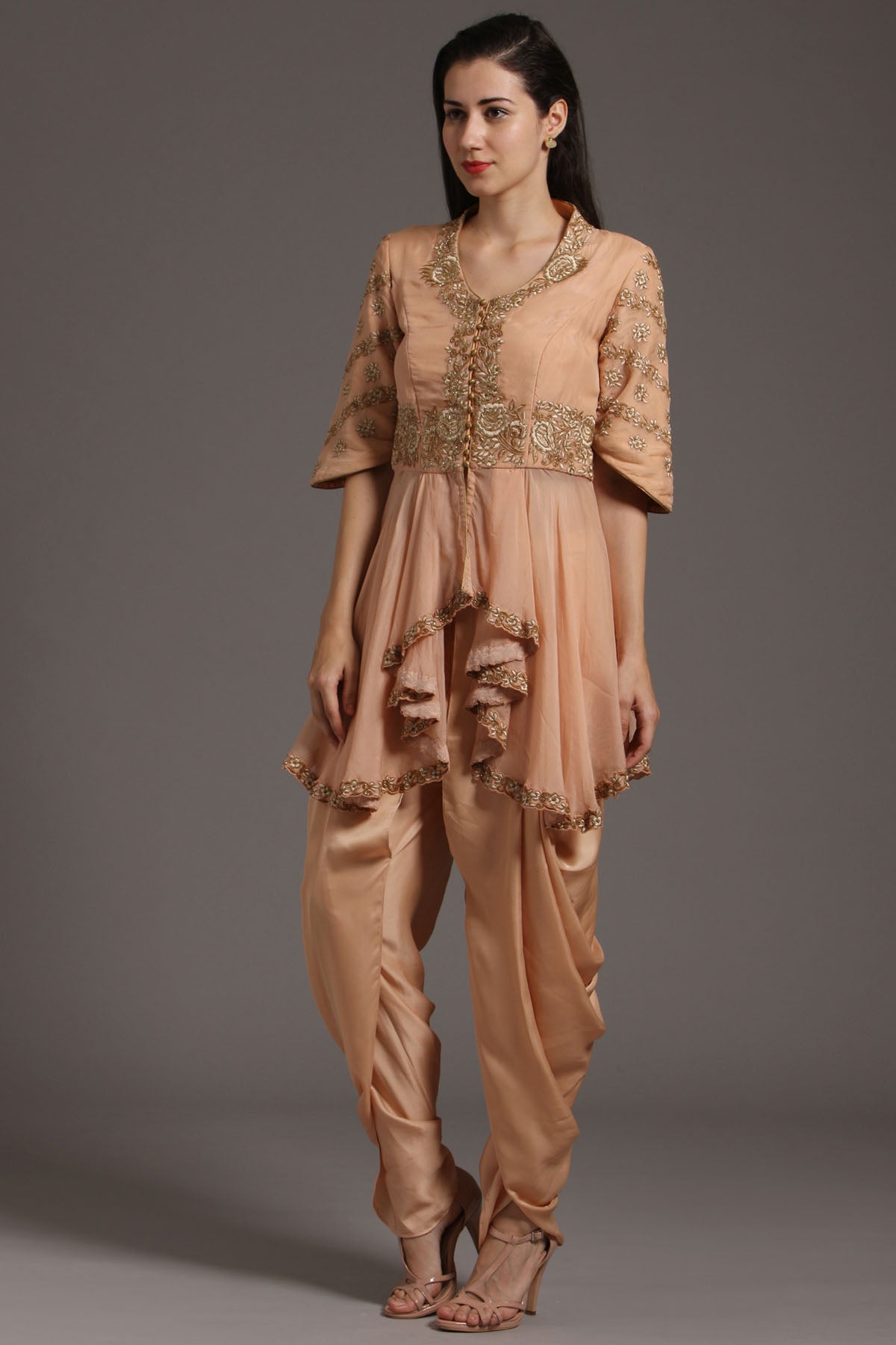 Peach Peplum Thread Kurta Set