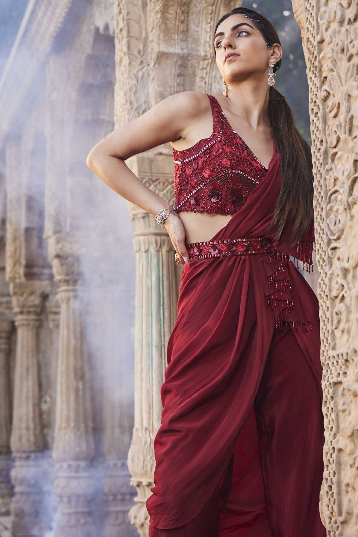 Embroidered Red Pant Saree