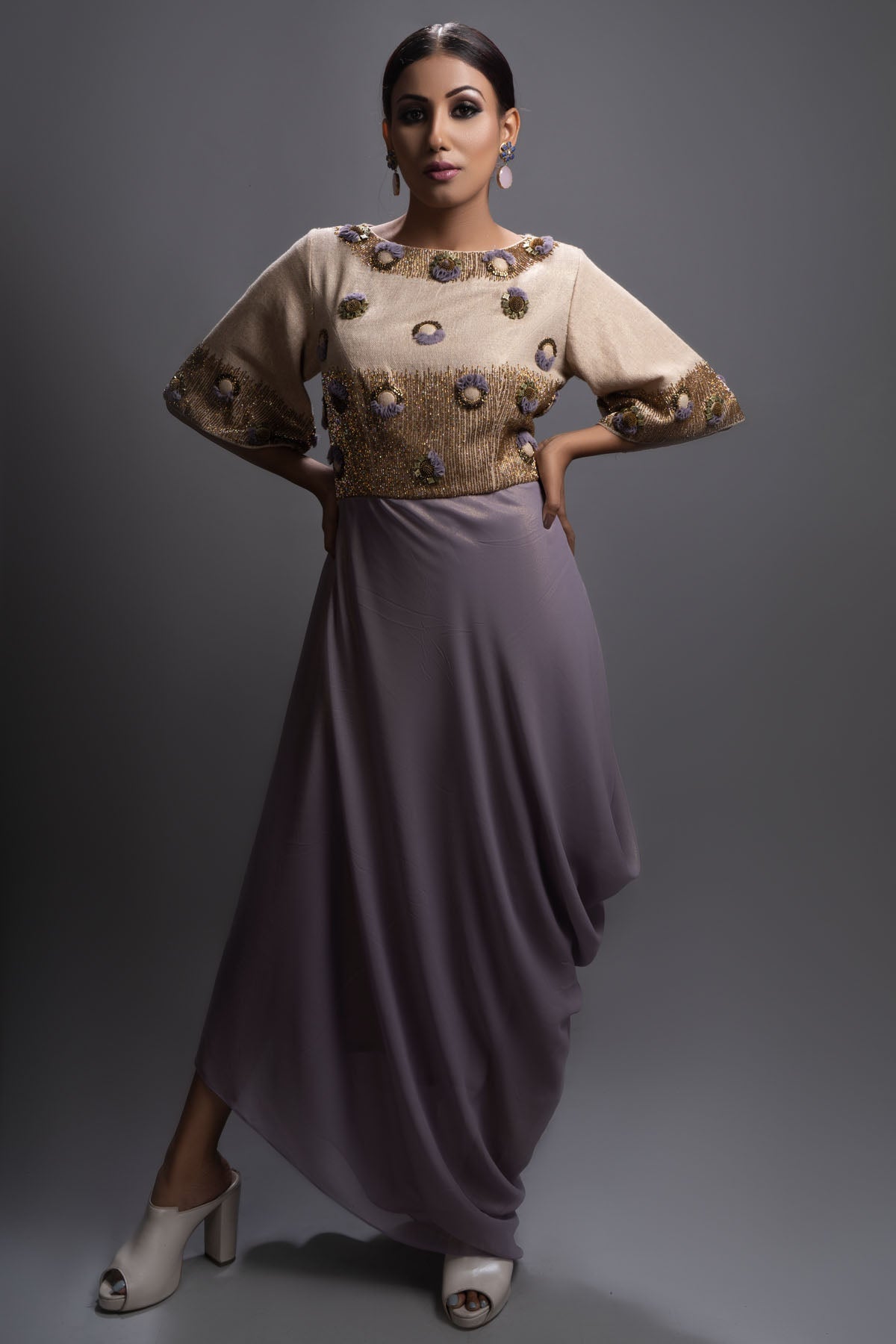 Embroidered Asymmetric Drape Dress