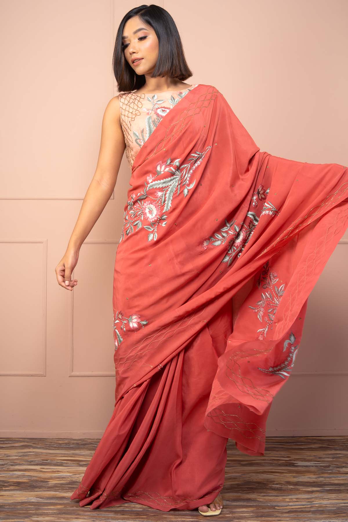 Embroidered Saree & Blouse Set