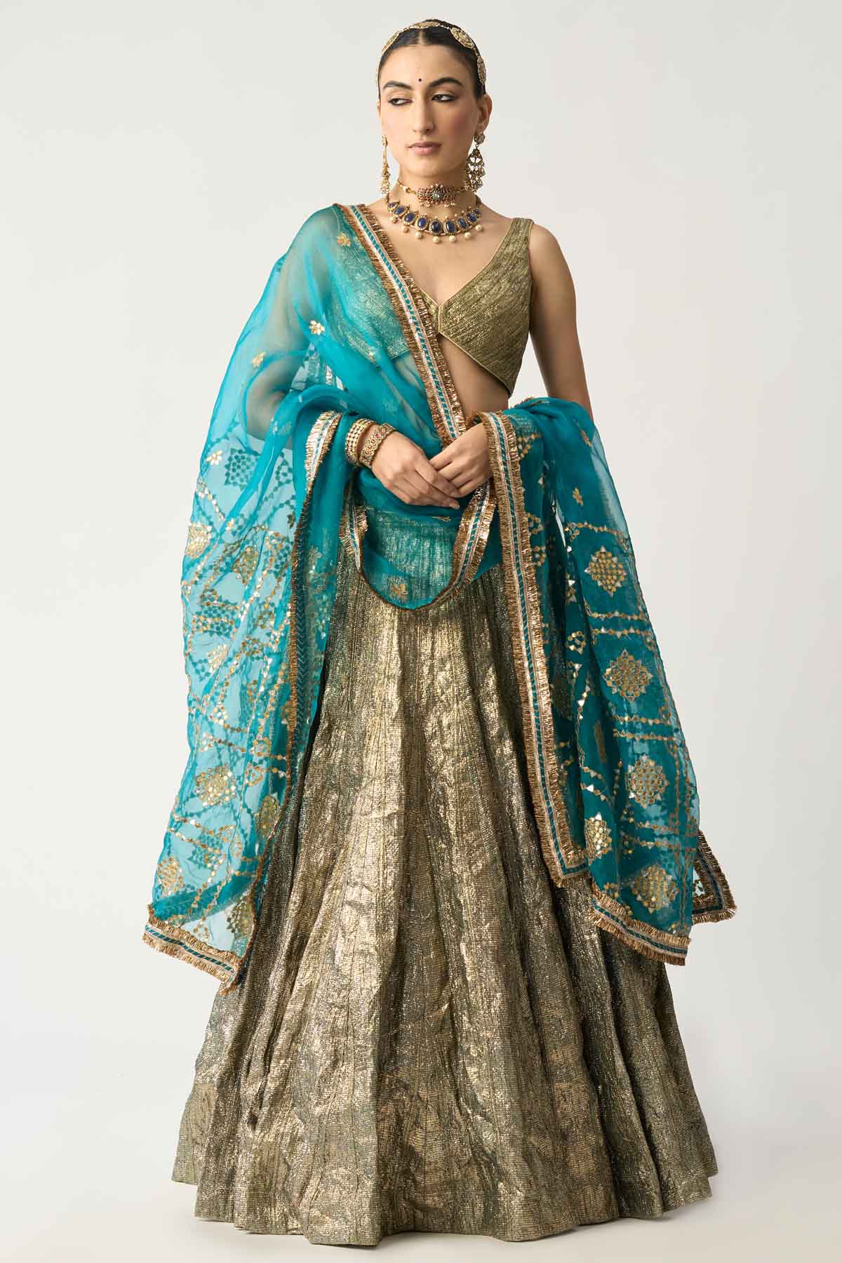 Buy ITRH, Designer Ferozi Lampi Lehenga Set Online