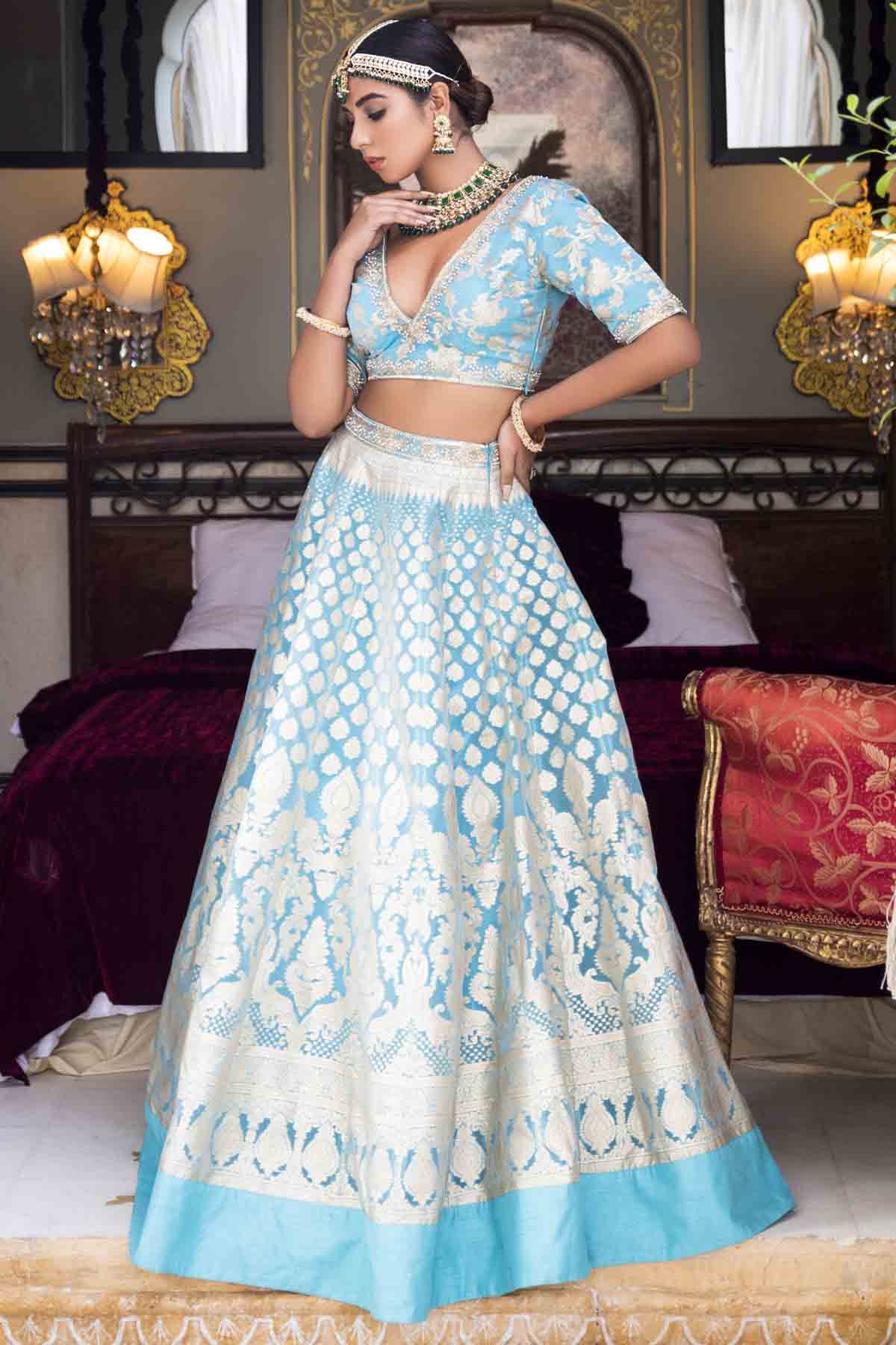 Firozi Banarasi Embroidered Lehenga Set