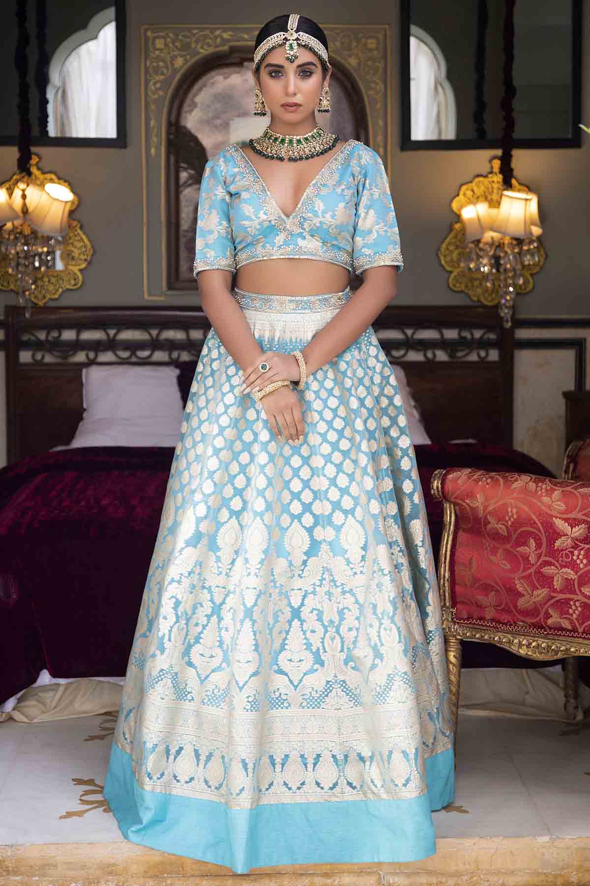 Designer Neha Khullar Firozi Banarasi Embroidered Lehenga Set for Women Online