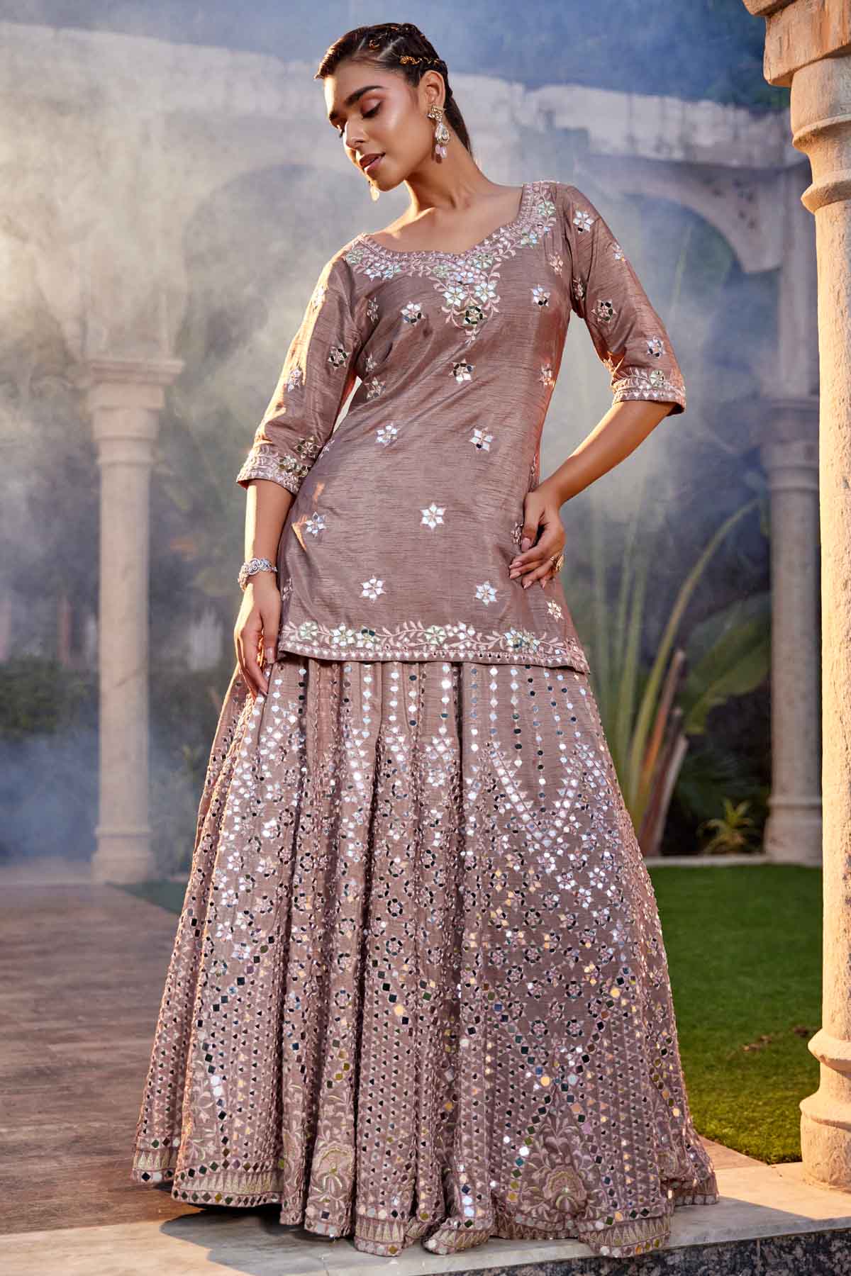 Floral Mirror Work Kurta & Lehenga Set