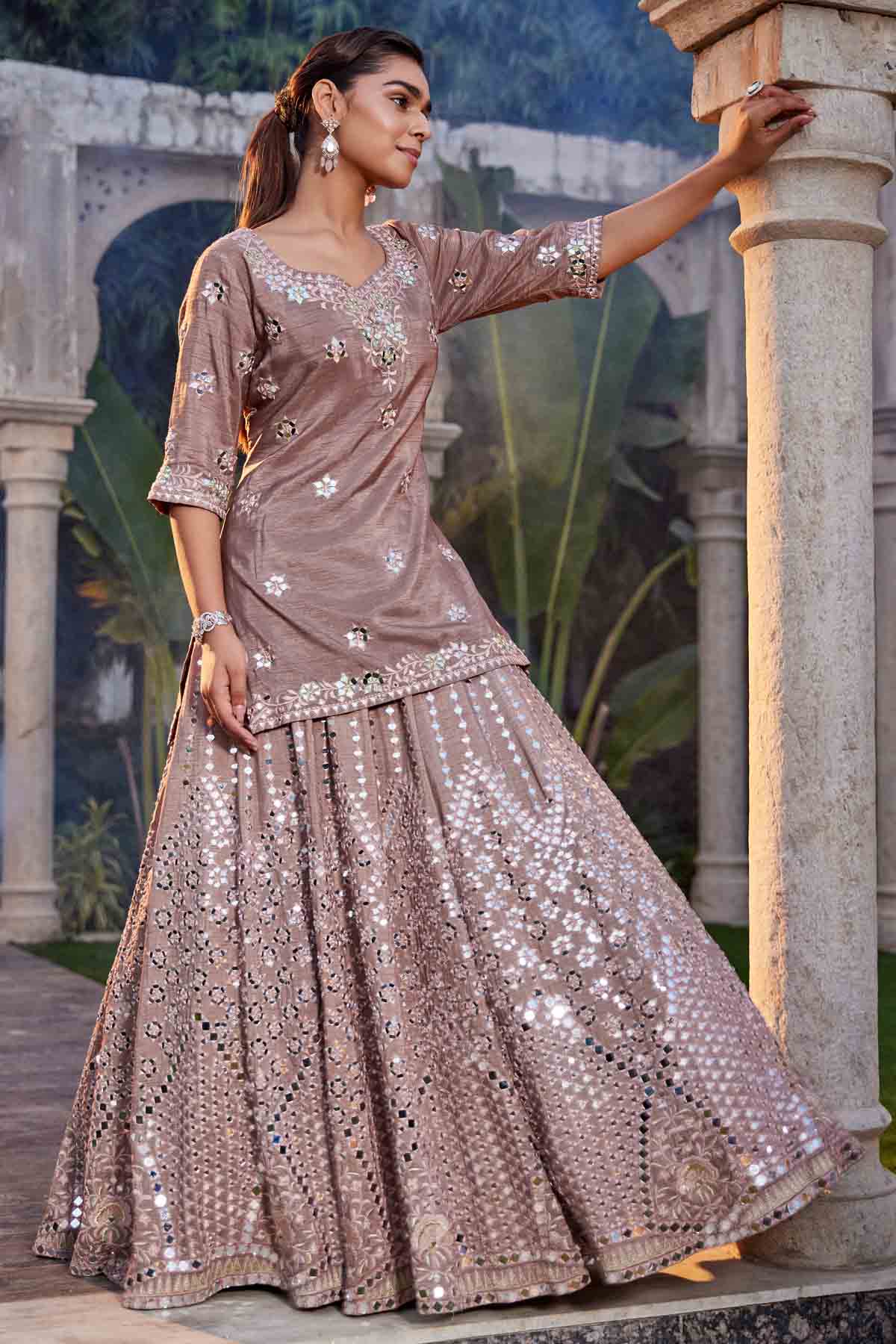 Floral Mirror Work Kurta & Lehenga Set