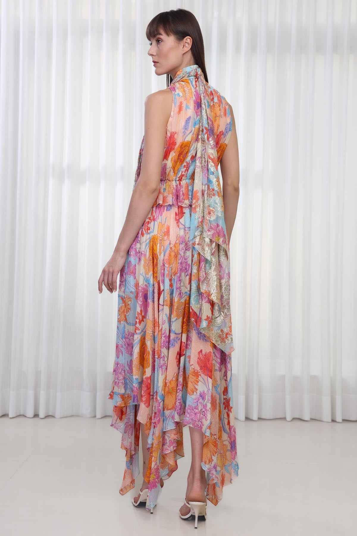 Floral Printed Neck Tie-up Dress